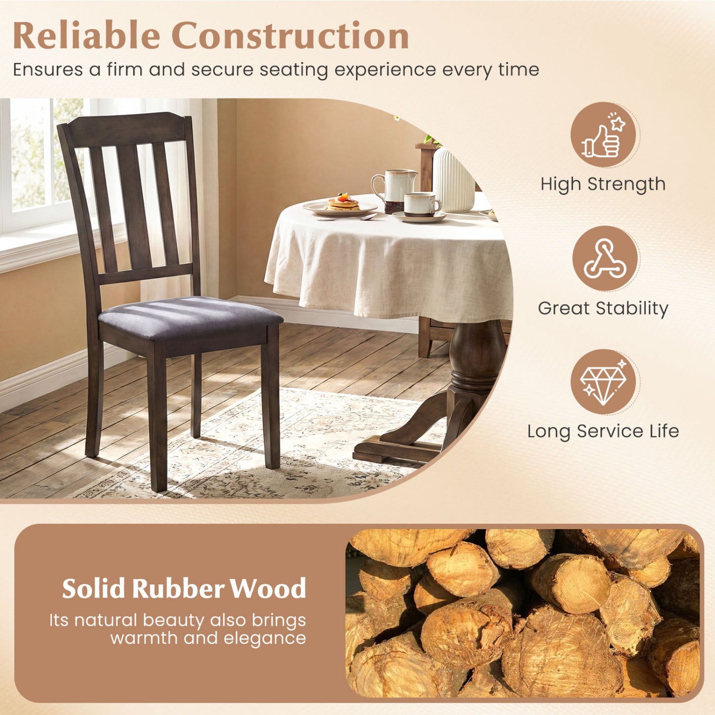 Rubber Wood Dining Chairs Set of 2 with Padded Seats