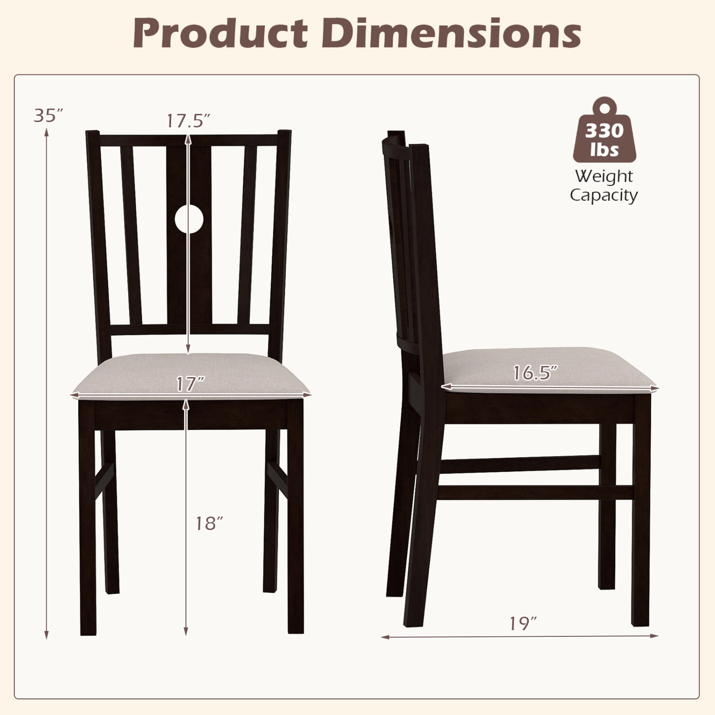 Rubber Wood Dining Chairs with Padded Fabric Seat, Set of 2