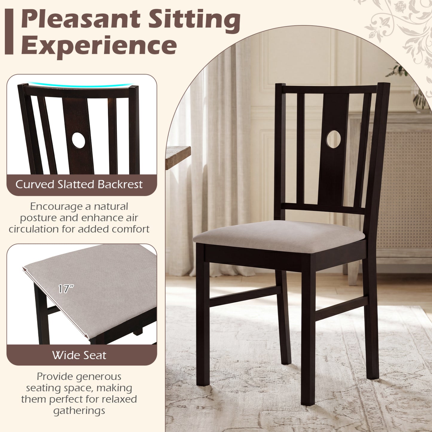 Rubber Wood Dining Chairs with Padded Fabric Seat, Set of 2