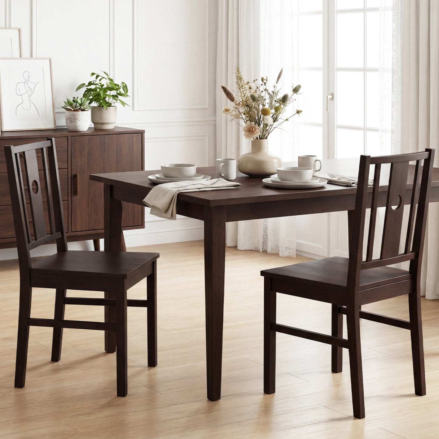 Solid Rubber Wood Dining Chairs with Slatted Backrest, Set of 2