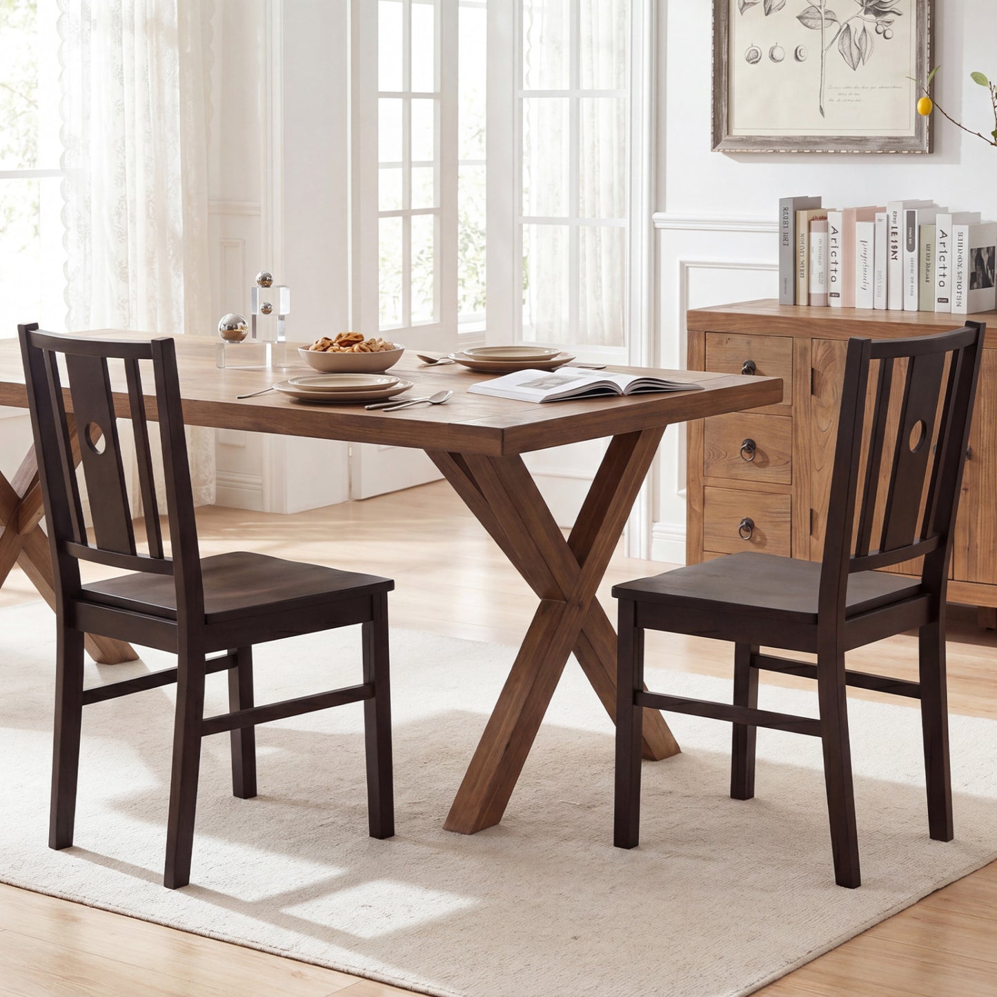 Solid Rubber Wood Dining Chairs with Slatted Backrest, Set of 2