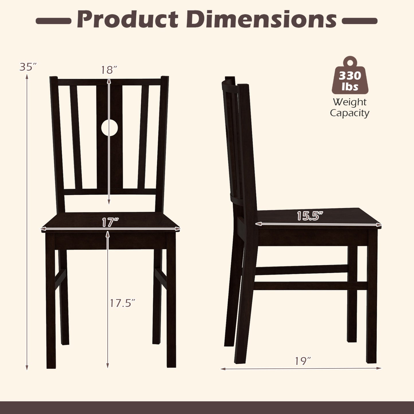 Solid Rubber Wood Dining Chairs with Slatted Backrest, Set of 2