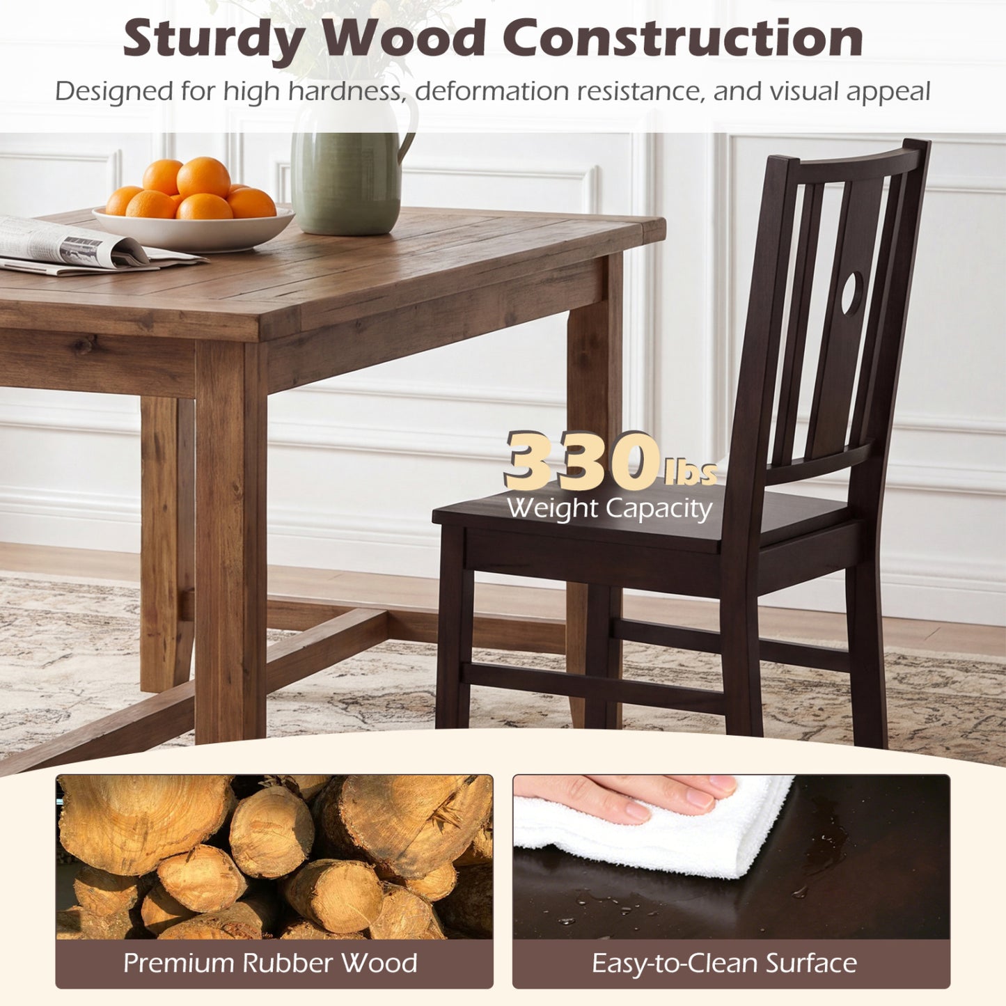 Solid Rubber Wood Dining Chairs with Slatted Backrest, Set of 2