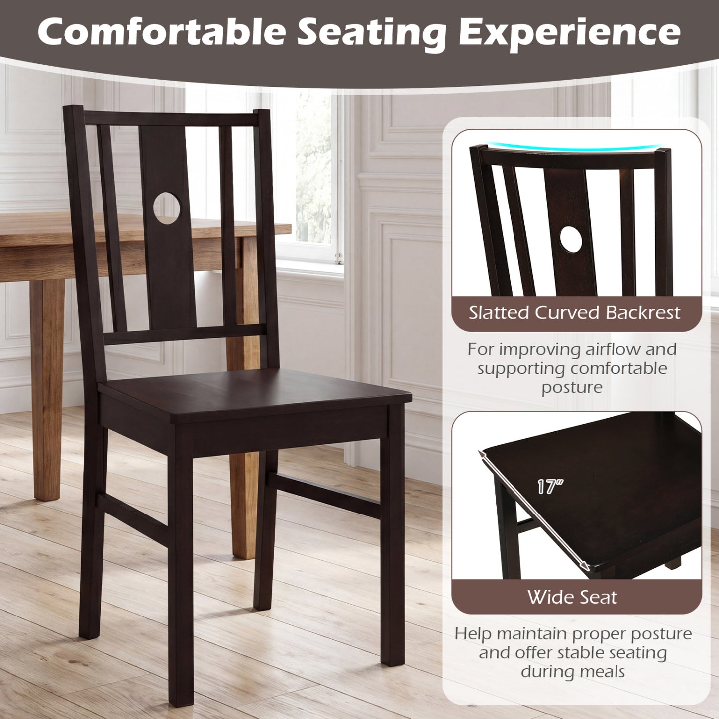 Solid Rubber Wood Dining Chairs with Slatted Backrest, Set of 2
