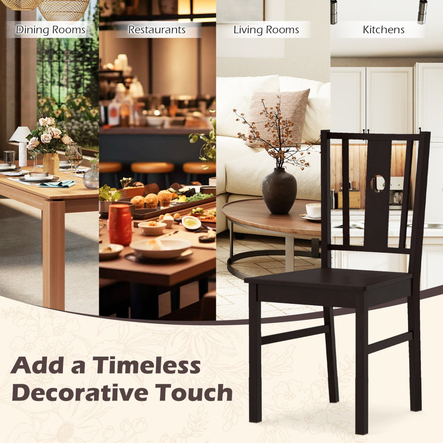 Solid Rubber Wood Dining Chairs with Slatted Backrest, Set of 2
