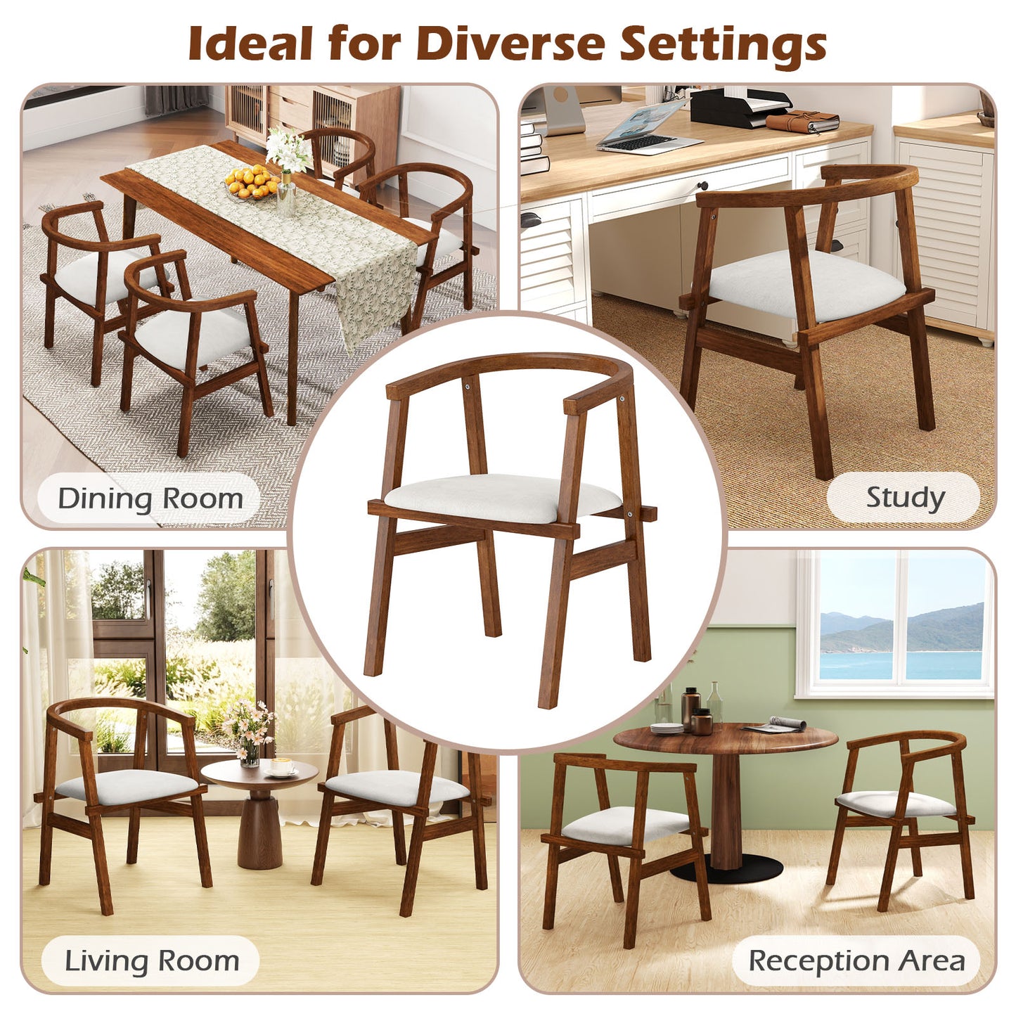 Solid Rubber Wood Dining Chairs with Wrap-Around Armrests
