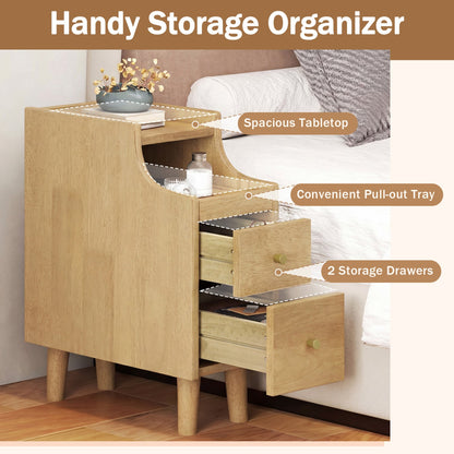 Set of 2 Solid Wood Night Side Table with Pull-out Tray and 2 Storage Drawers
