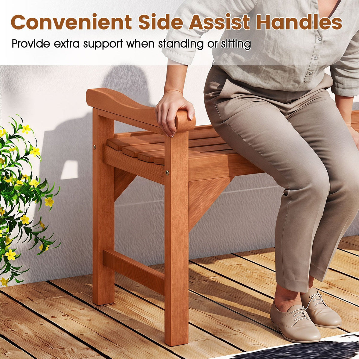 Solid Wood Backless Garden Bench Set with Support Handles