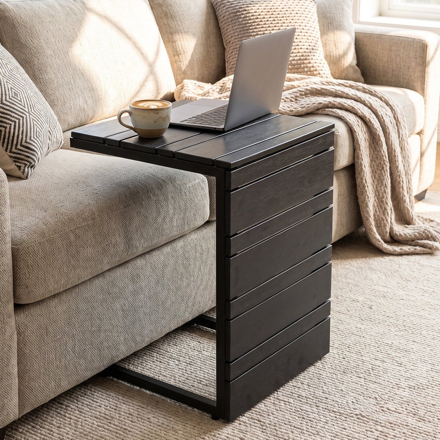 C-Shaped Side Table Set of 2 with Wood-Plastic Top