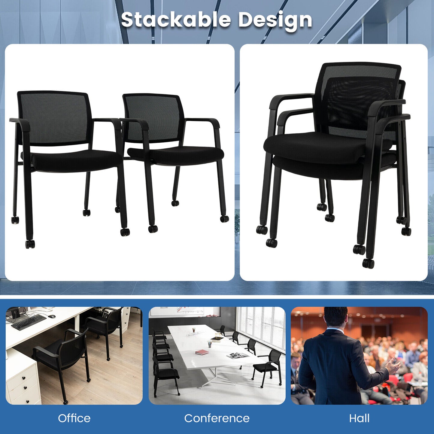Stackable Rolling Office Chairs with Mesh Backrest, Set of 2