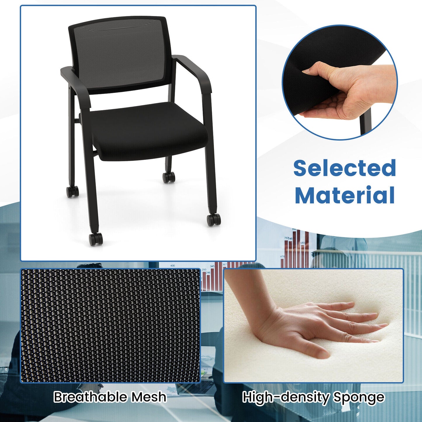 Stackable Rolling Office Chairs with Mesh Backrest, Set of 2