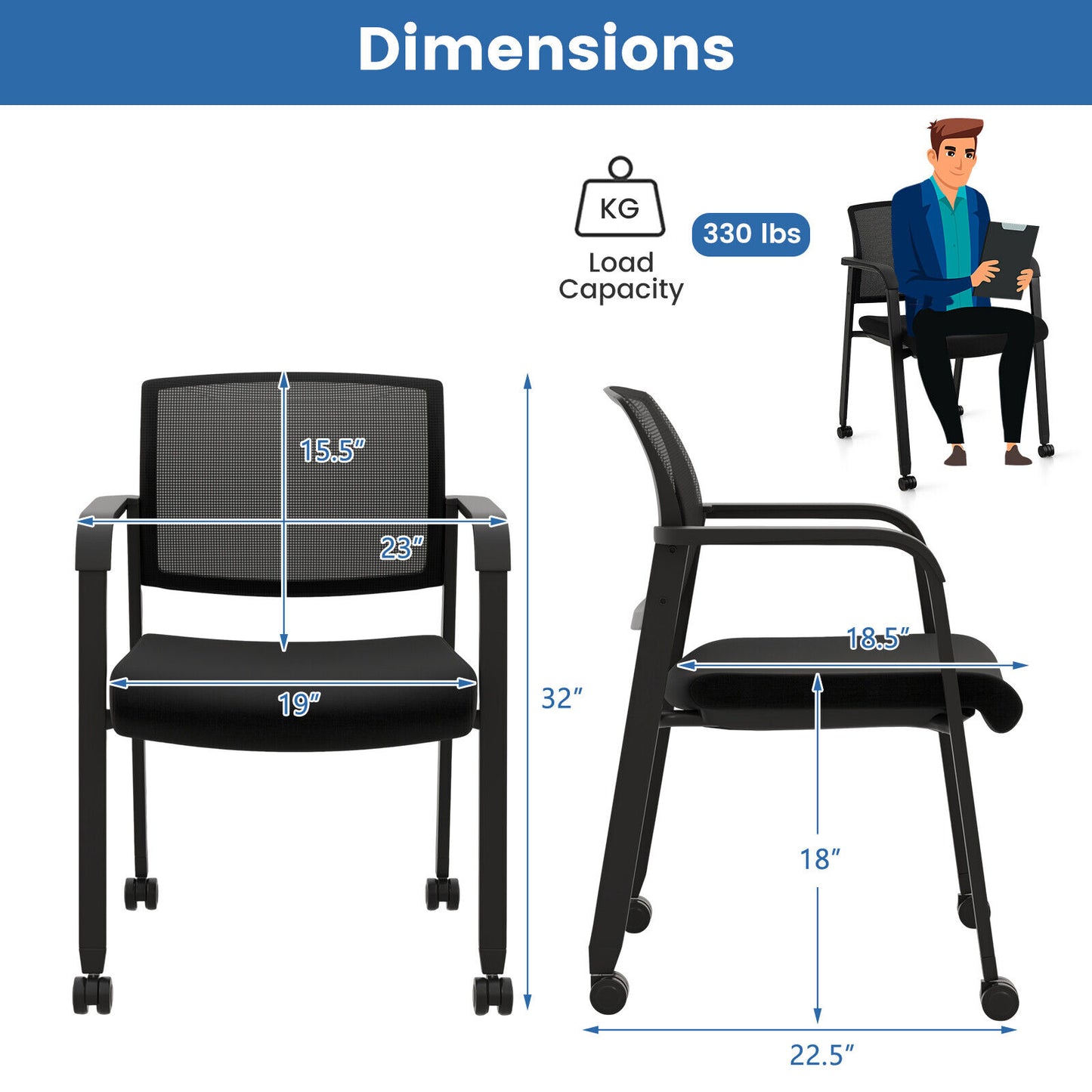 Stackable Rolling Office Chairs with Mesh Backrest, Set of 2
