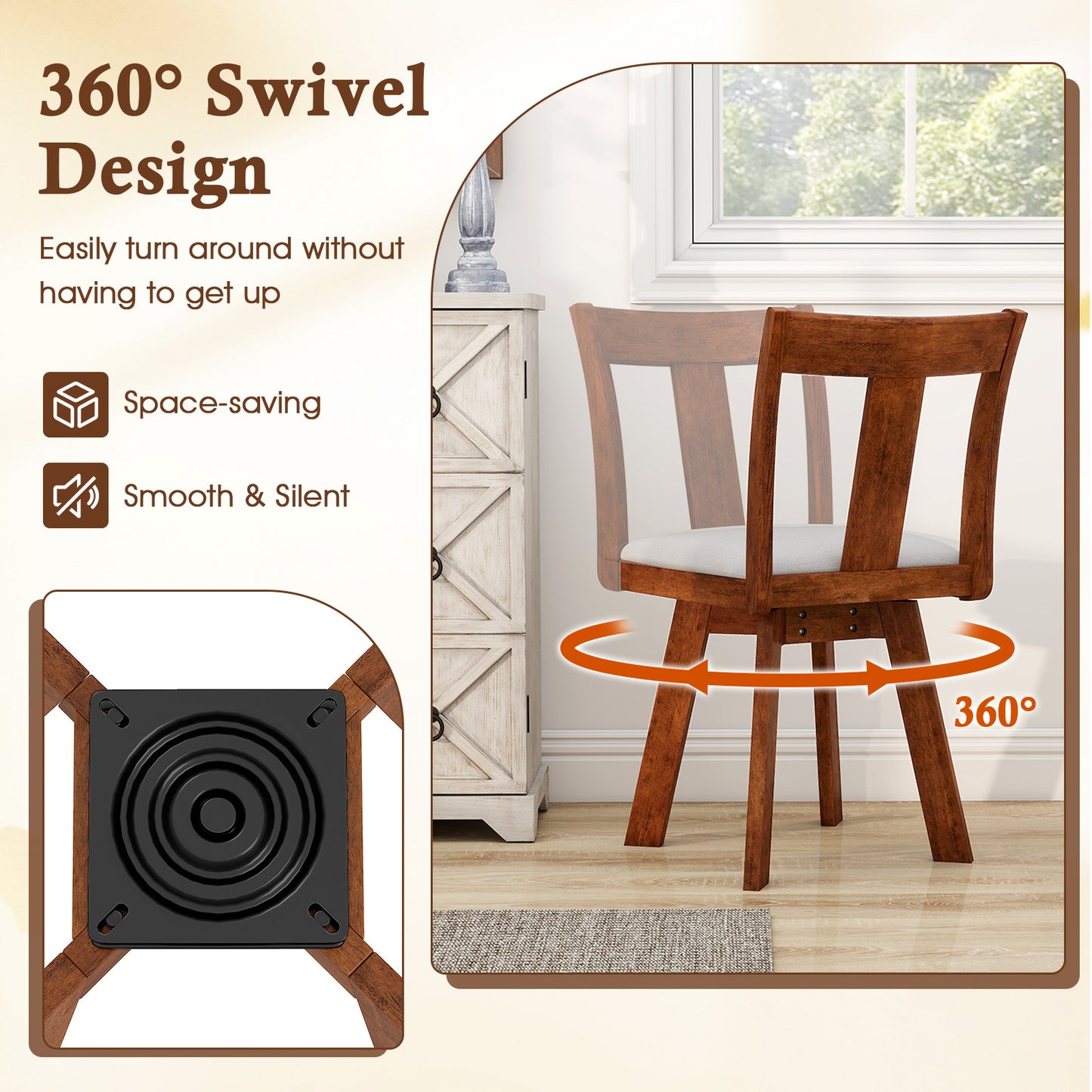 Swivel Dining Chairs Set of 2 with Rubber Wood Frame