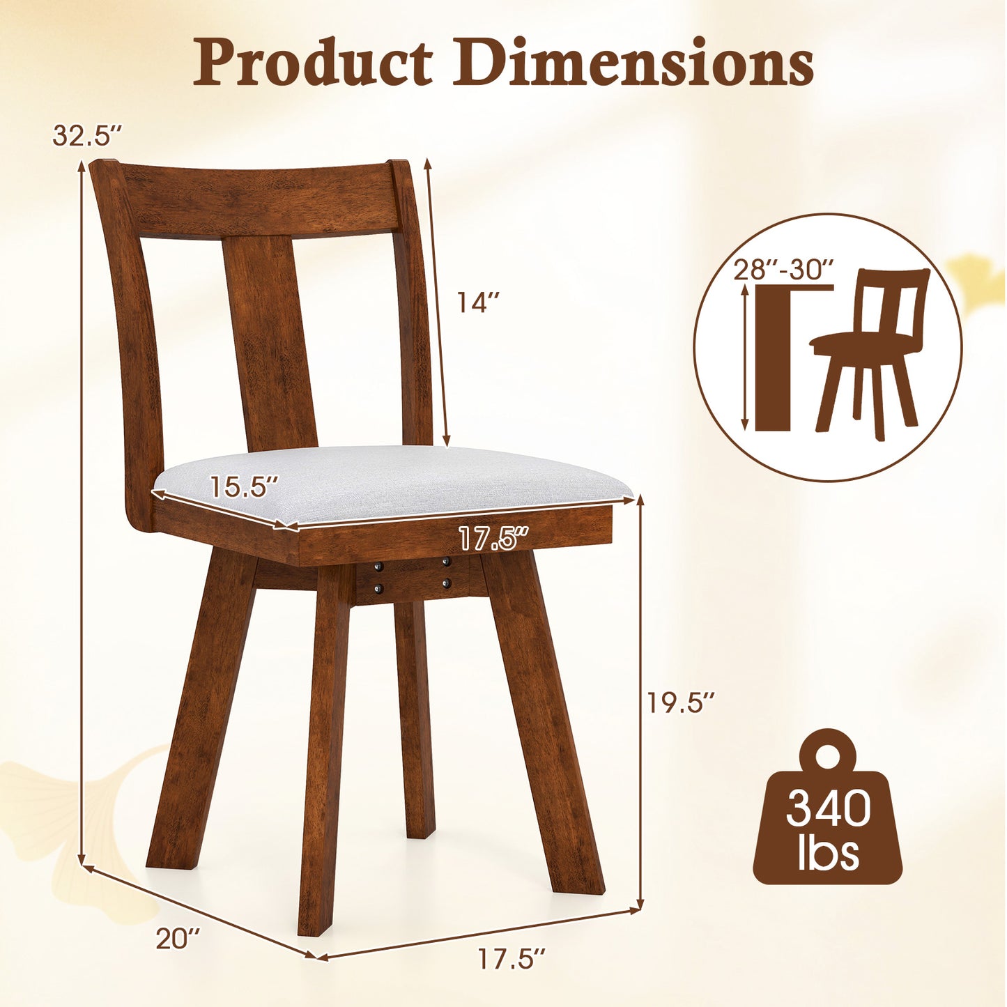 Swivel Dining Chairs Set of 2 with Rubber Wood Frame