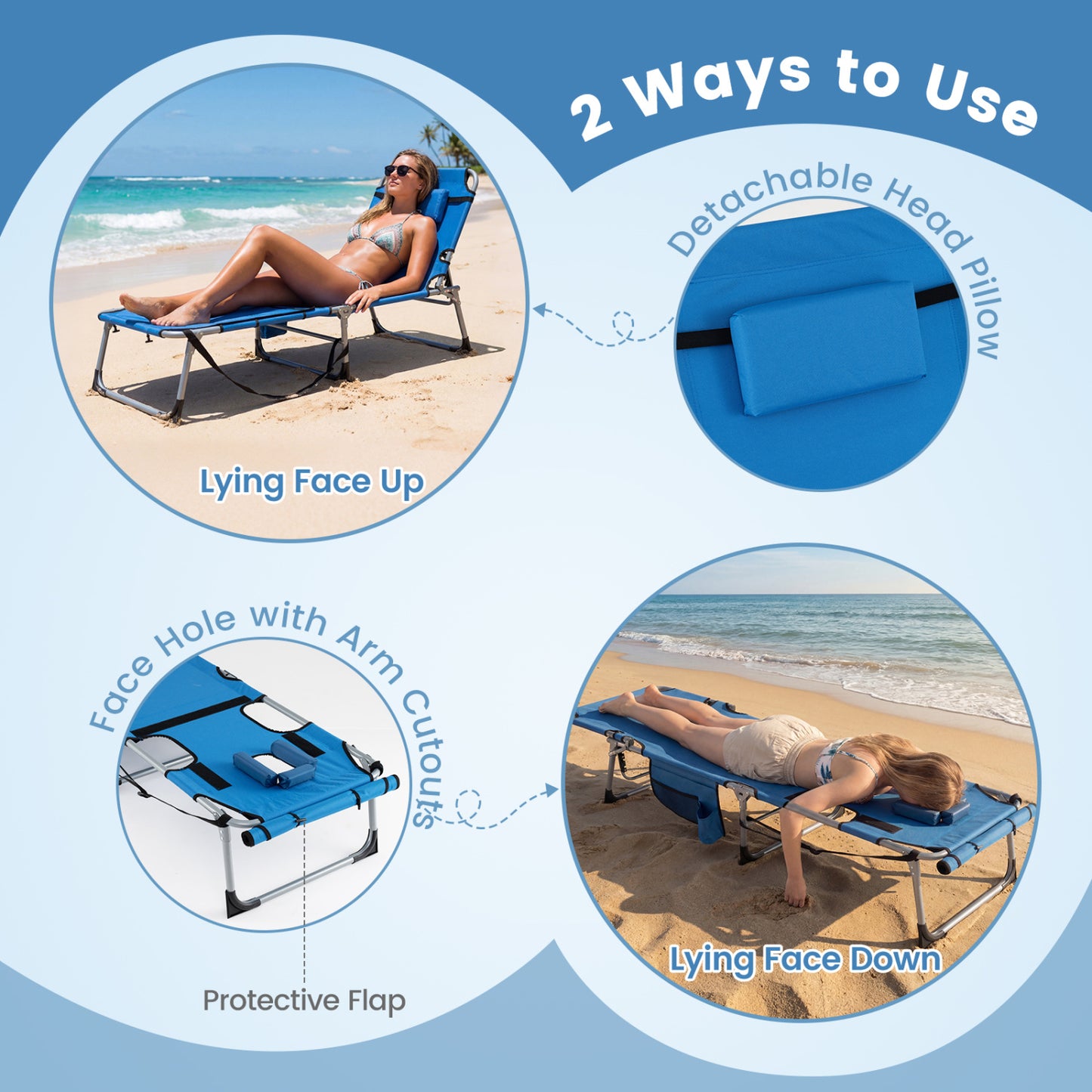 Tanning Lounge Chairs Set of 2 with Face Hole & 4-Level Backrest