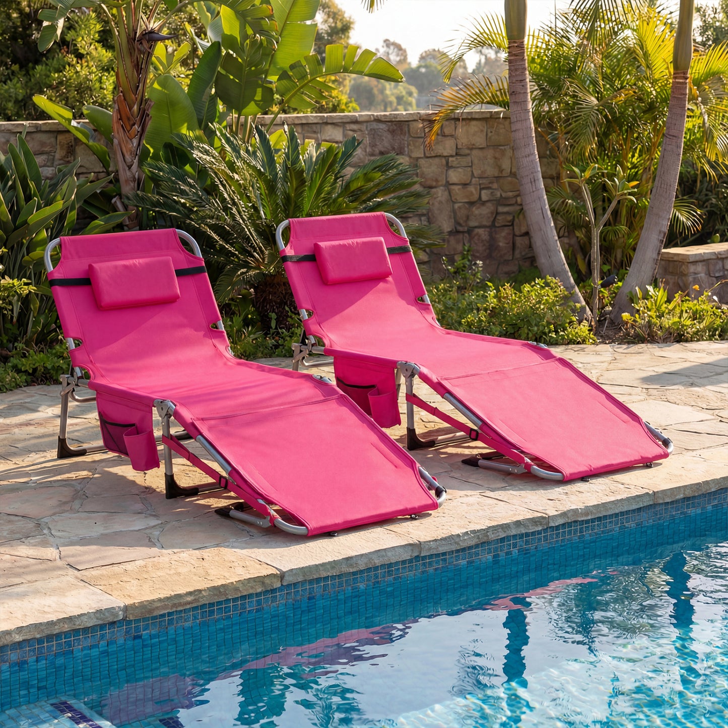 Tanning Lounge Chairs Set of 2 with Face Hole & 4-Level Backrest