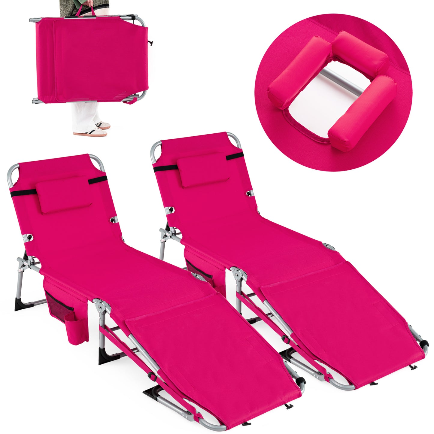 Tanning Lounge Chairs Set of 2 with Face Hole & 4-Level Backrest