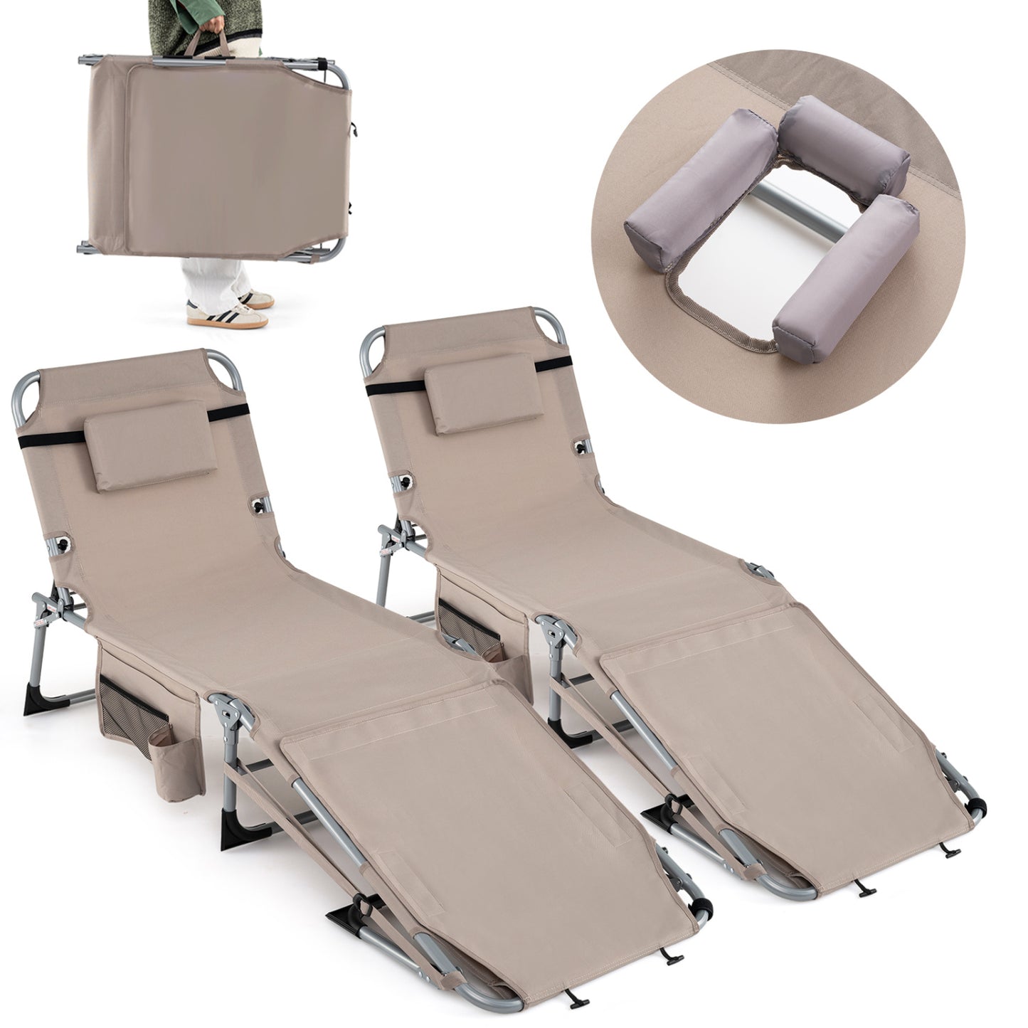 Tanning Lounge Chairs Set of 2 with Face Hole & 4-Level Backrest