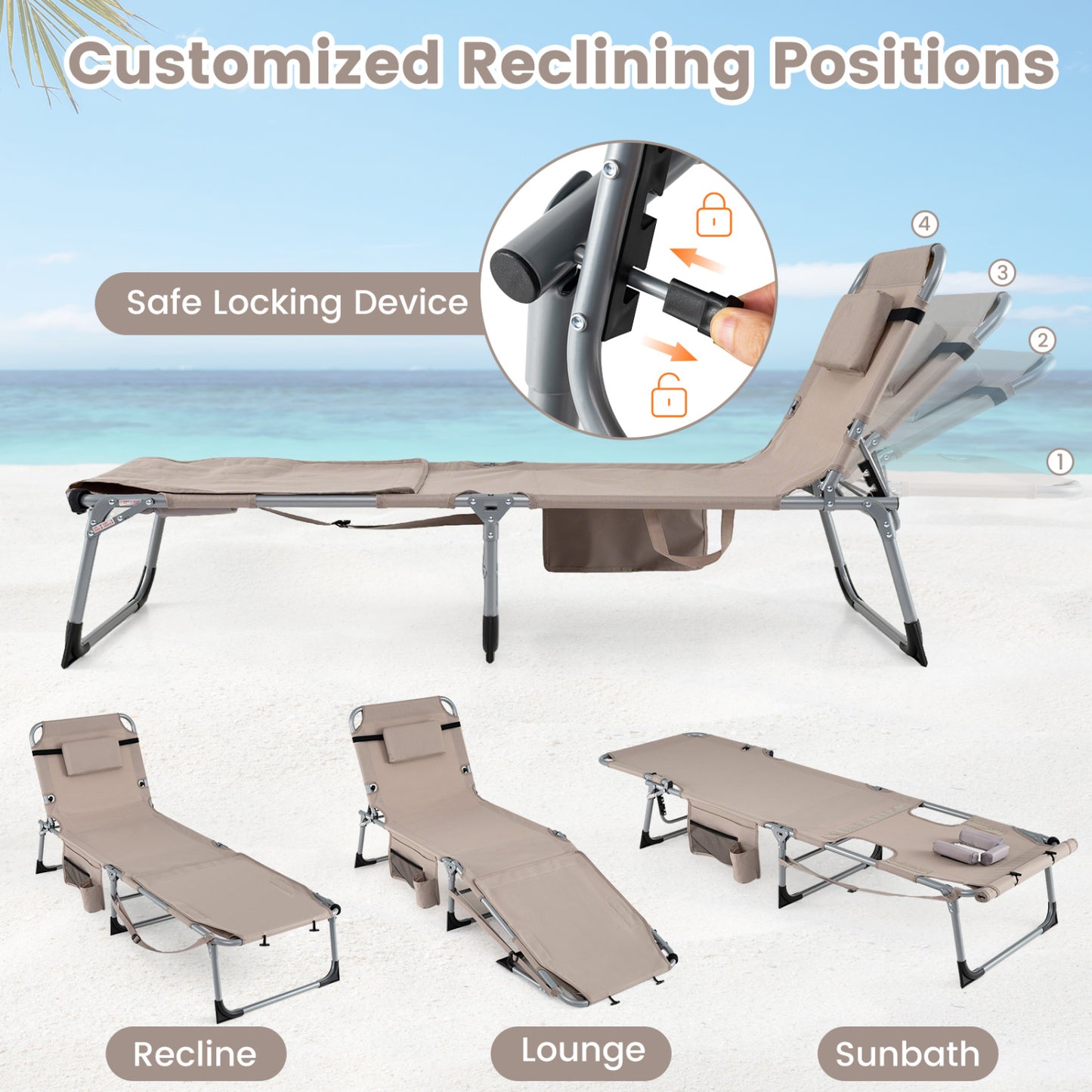 Tanning Lounge Chairs Set of 2 with Face Hole & 4-Level Backrest