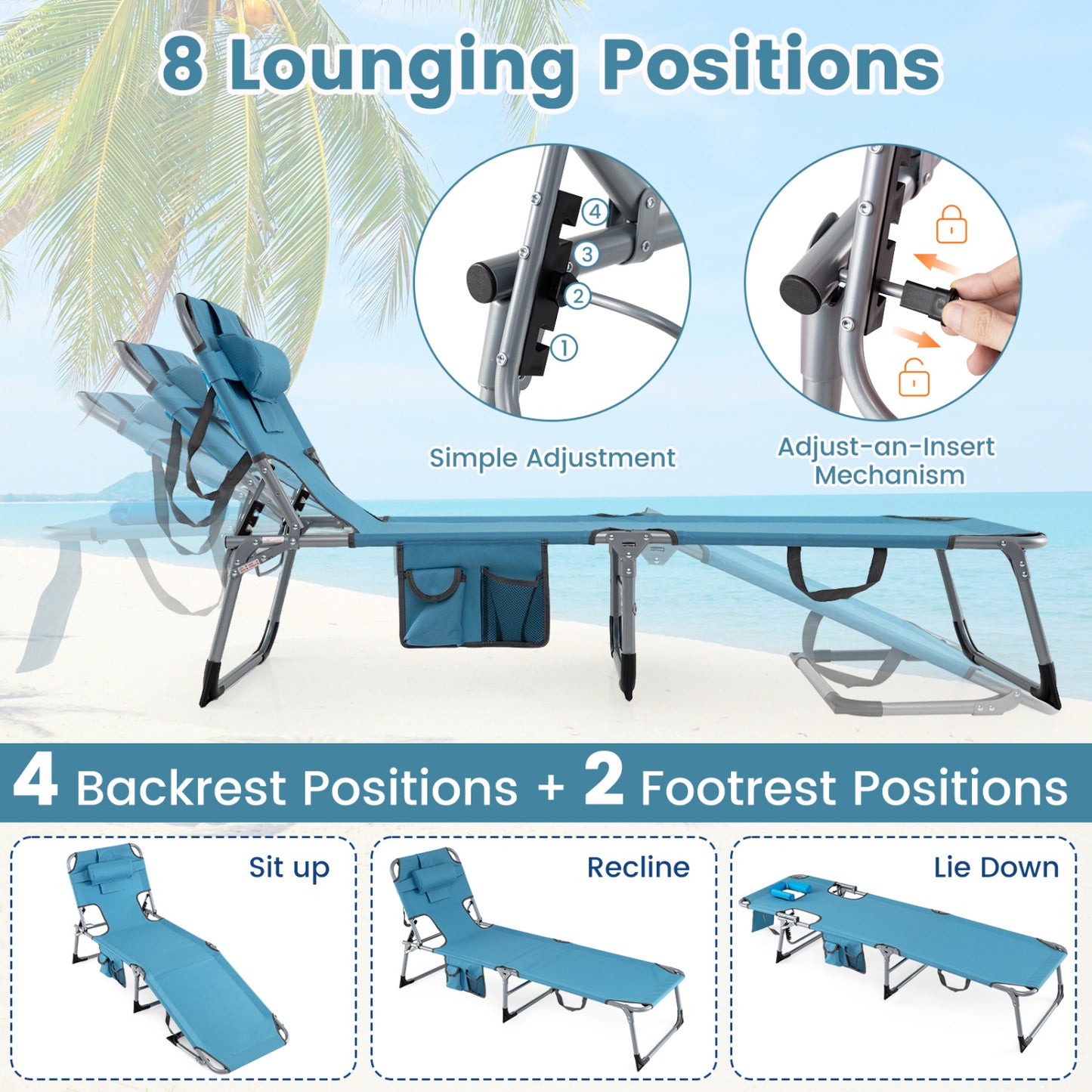 Adjustable Tanning Lounge Chair Set of 2 with Face Hole