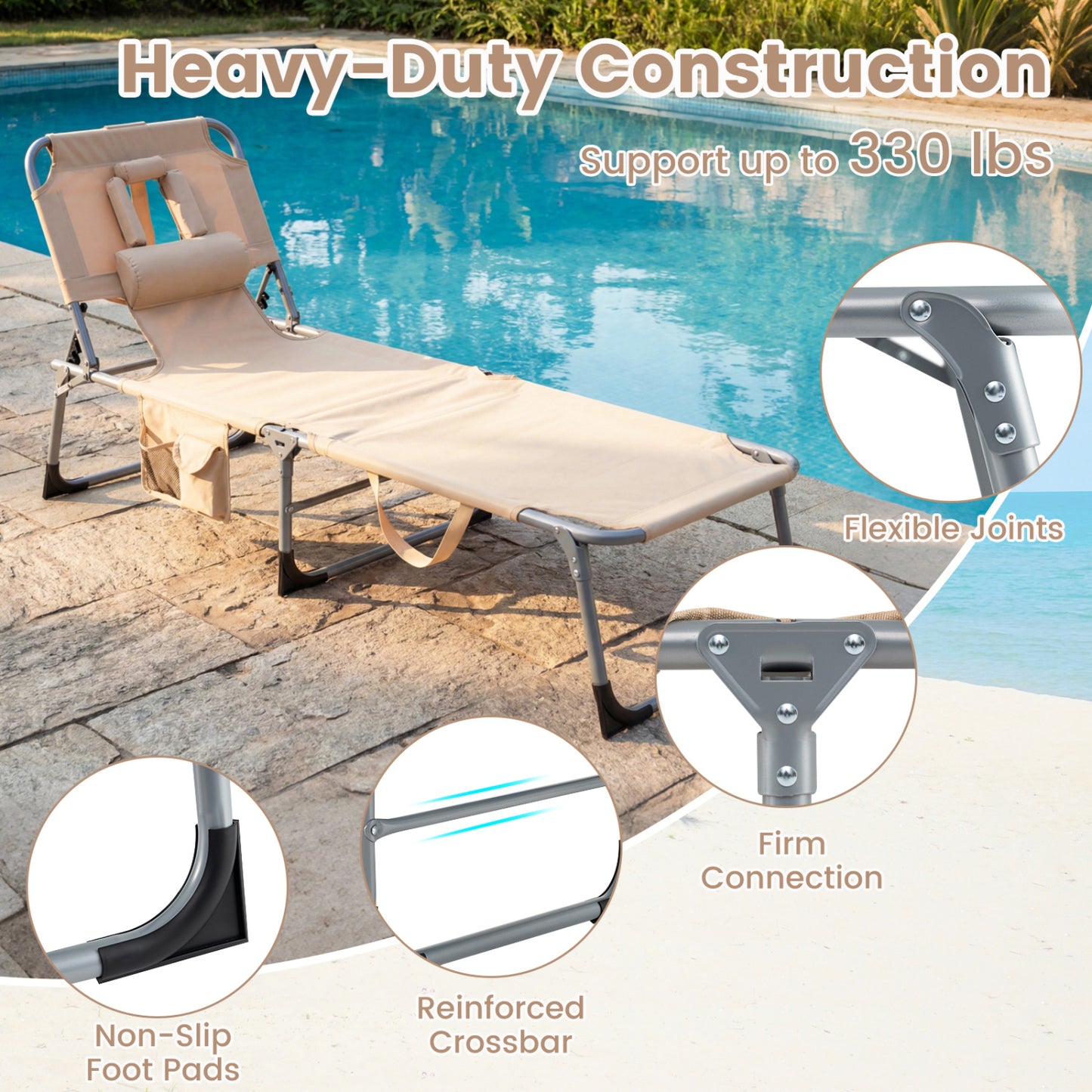 Adjustable Tanning Lounge Chair Set of 2 with Face Hole