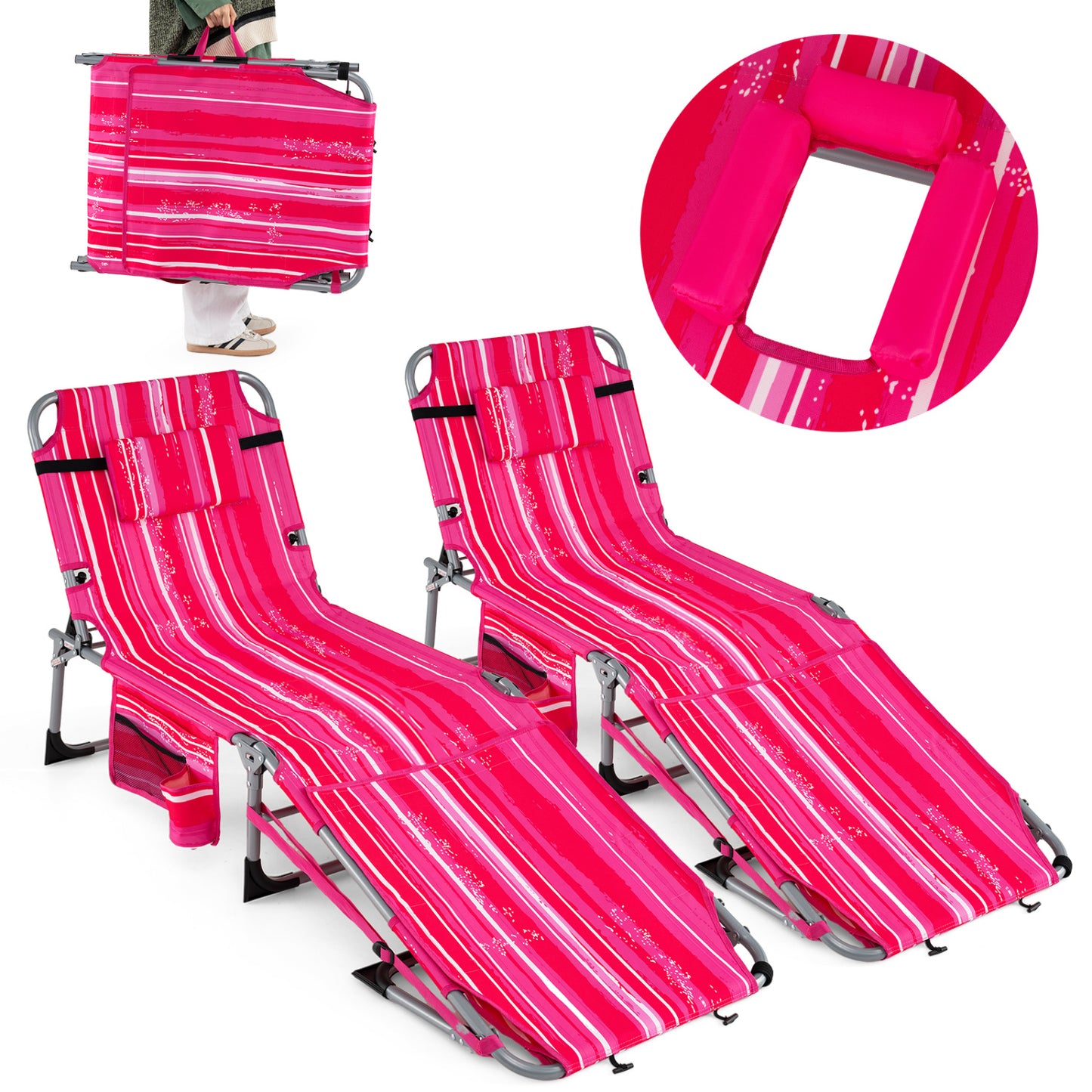 Tanning Lounge Chairs Set of 2 with Face Hole & 4-Level Backrest