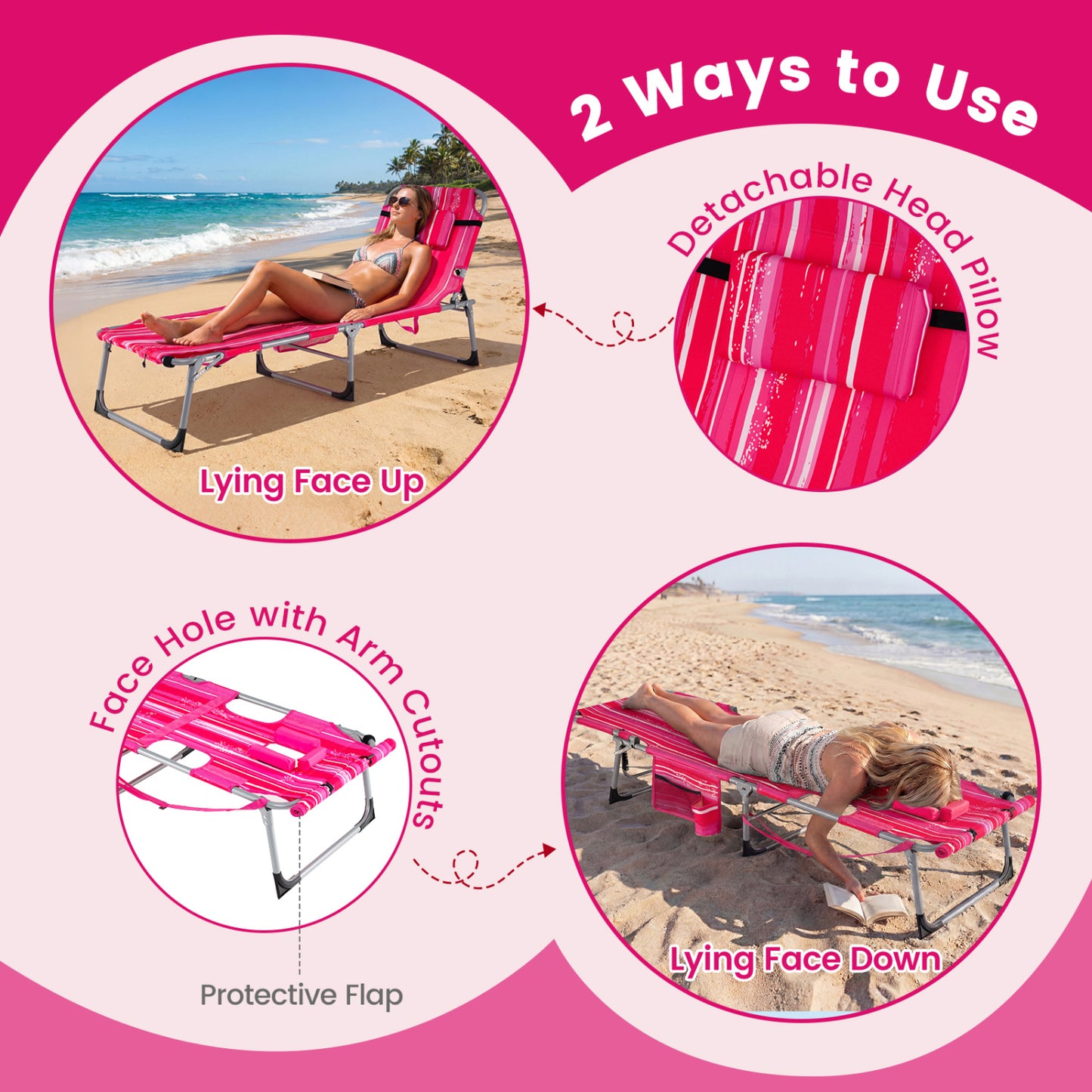 Tanning Lounge Chairs Set of 2 with Face Hole & 4-Level Backrest