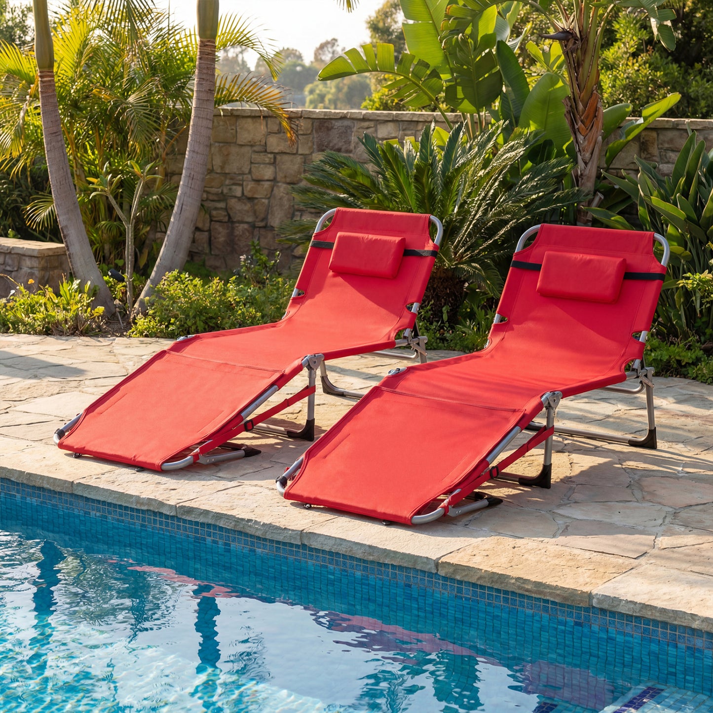 Tanning Lounge Chairs Set of 2 with Face Hole & 4-Level Backrest