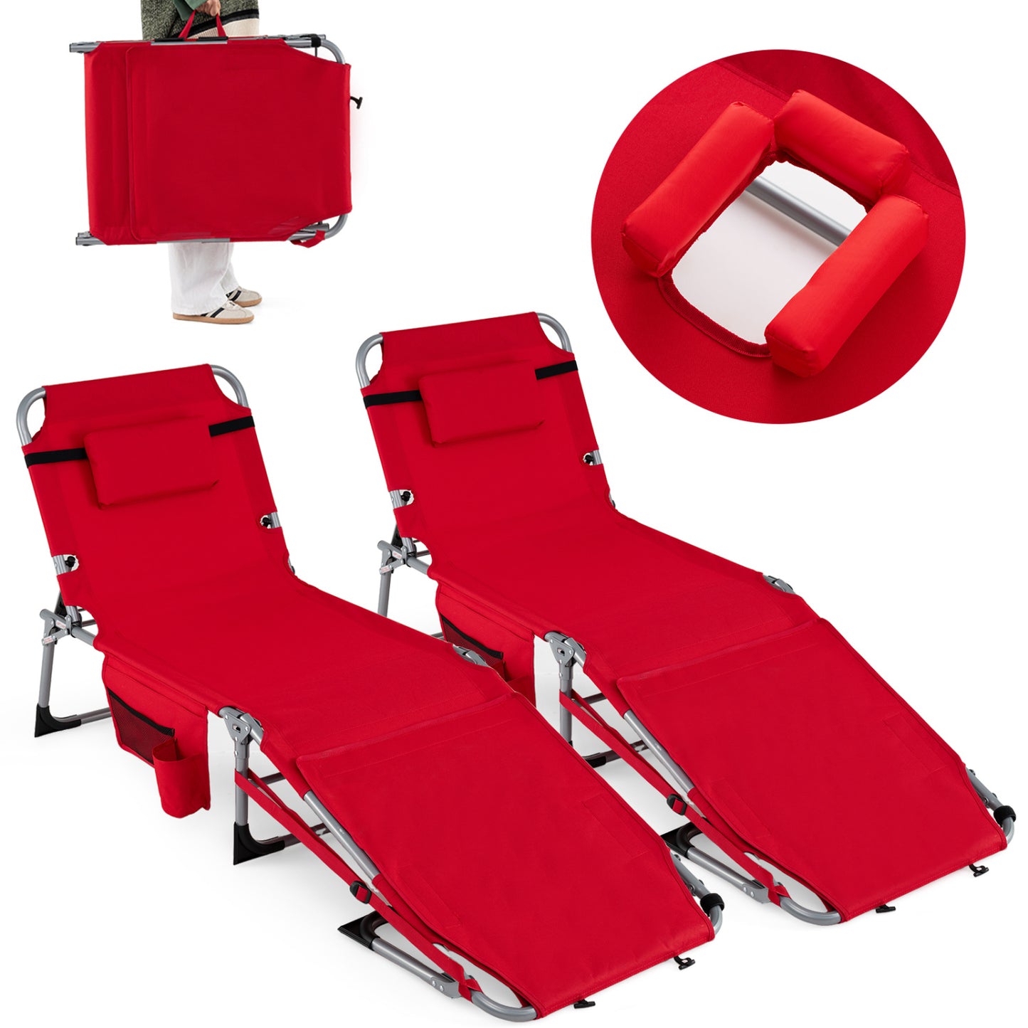 Tanning Lounge Chairs Set of 2 with Face Hole & 4-Level Backrest