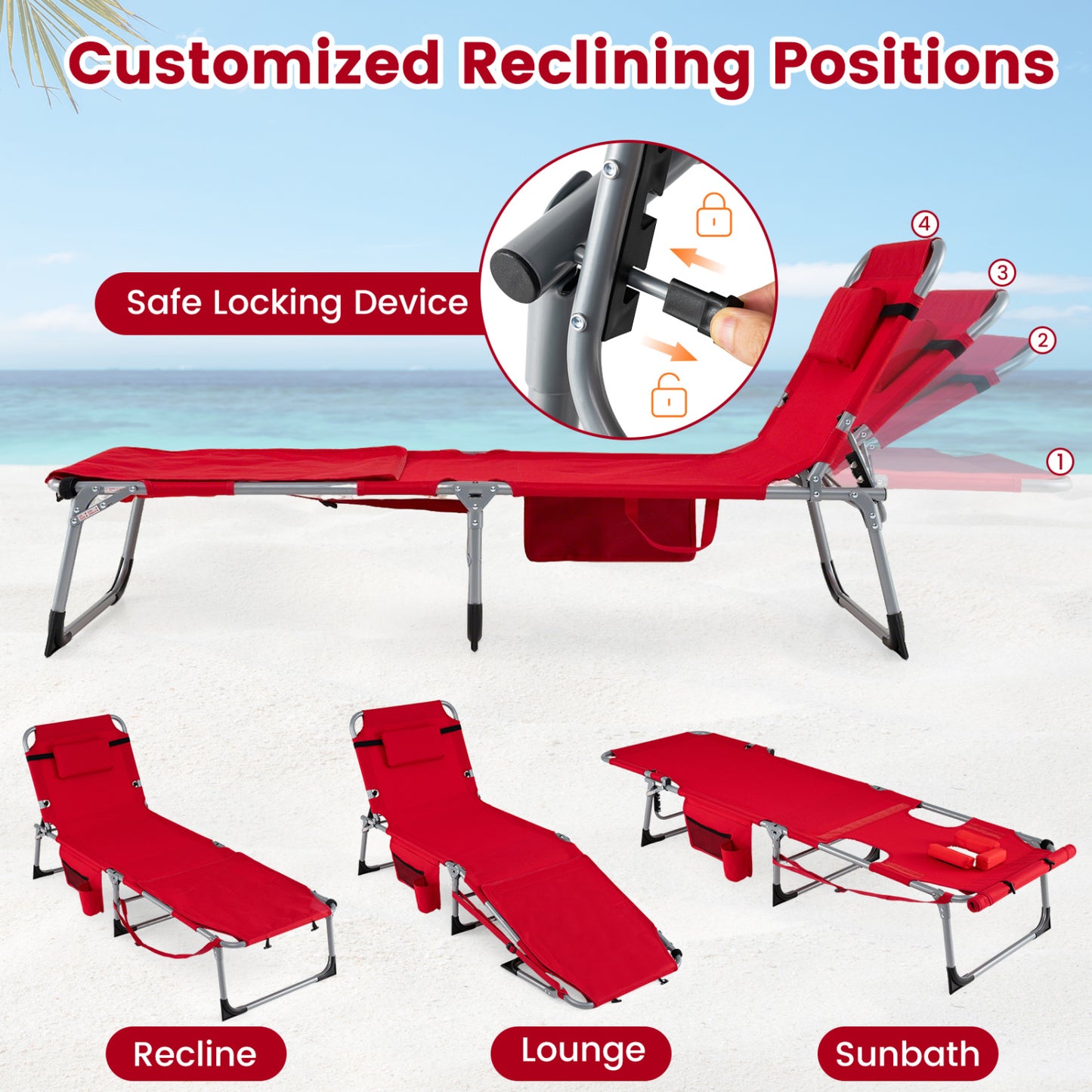 Tanning Lounge Chairs Set of 2 with Face Hole & 4-Level Backrest