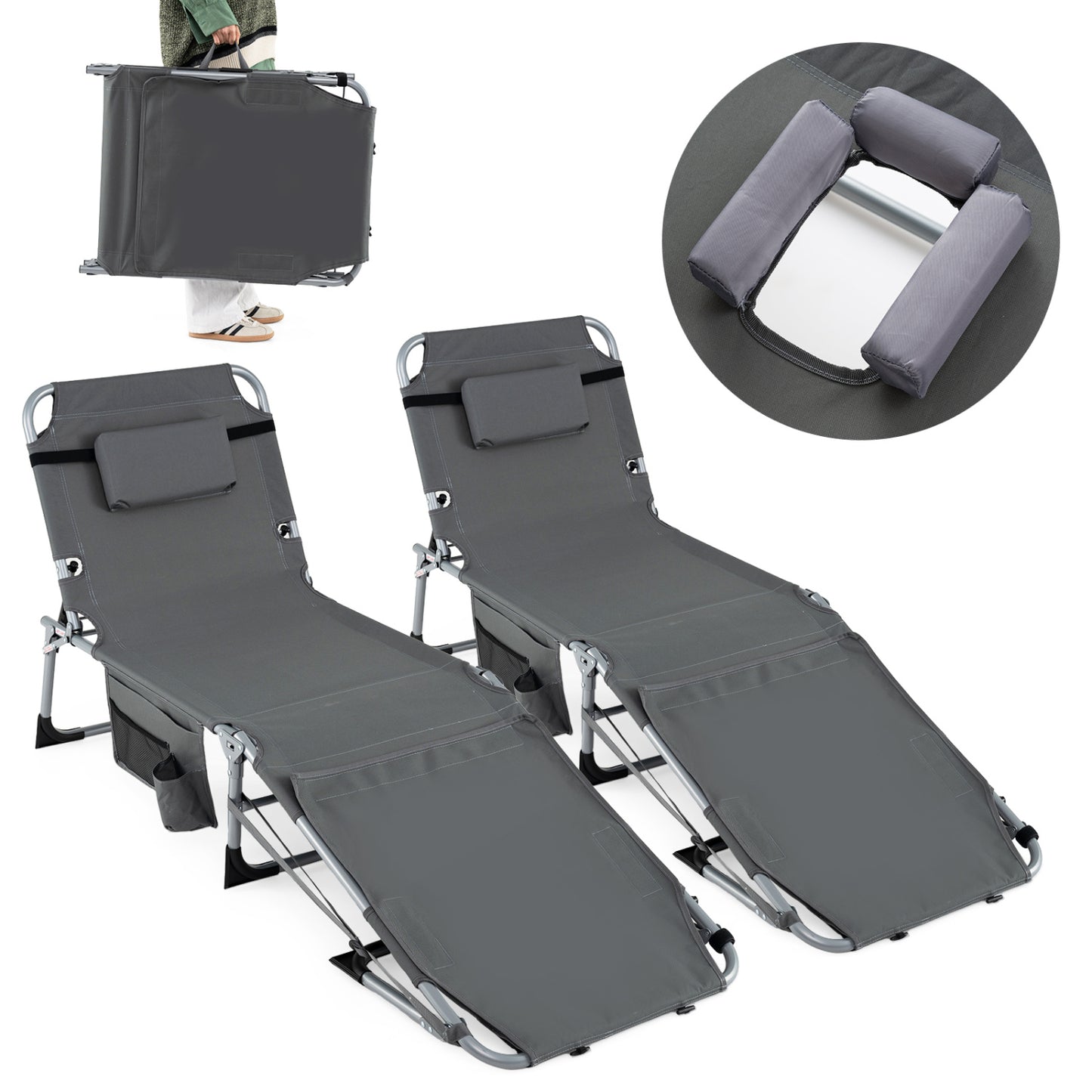 Tanning Lounge Chairs Set of 2 with Face Hole & 4-Level Backrest