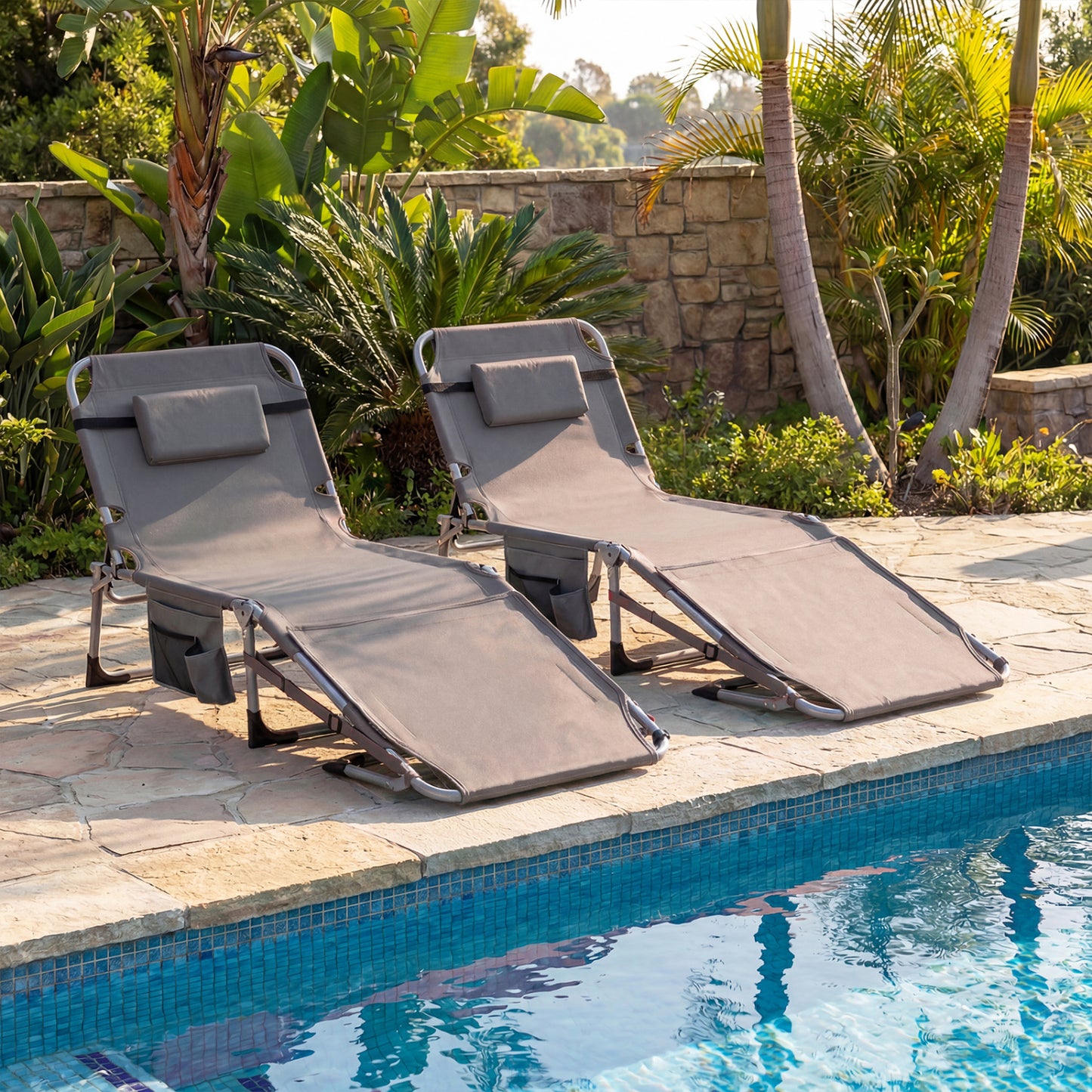 Tanning Lounge Chairs Set of 2 with Face Hole & 4-Level Backrest