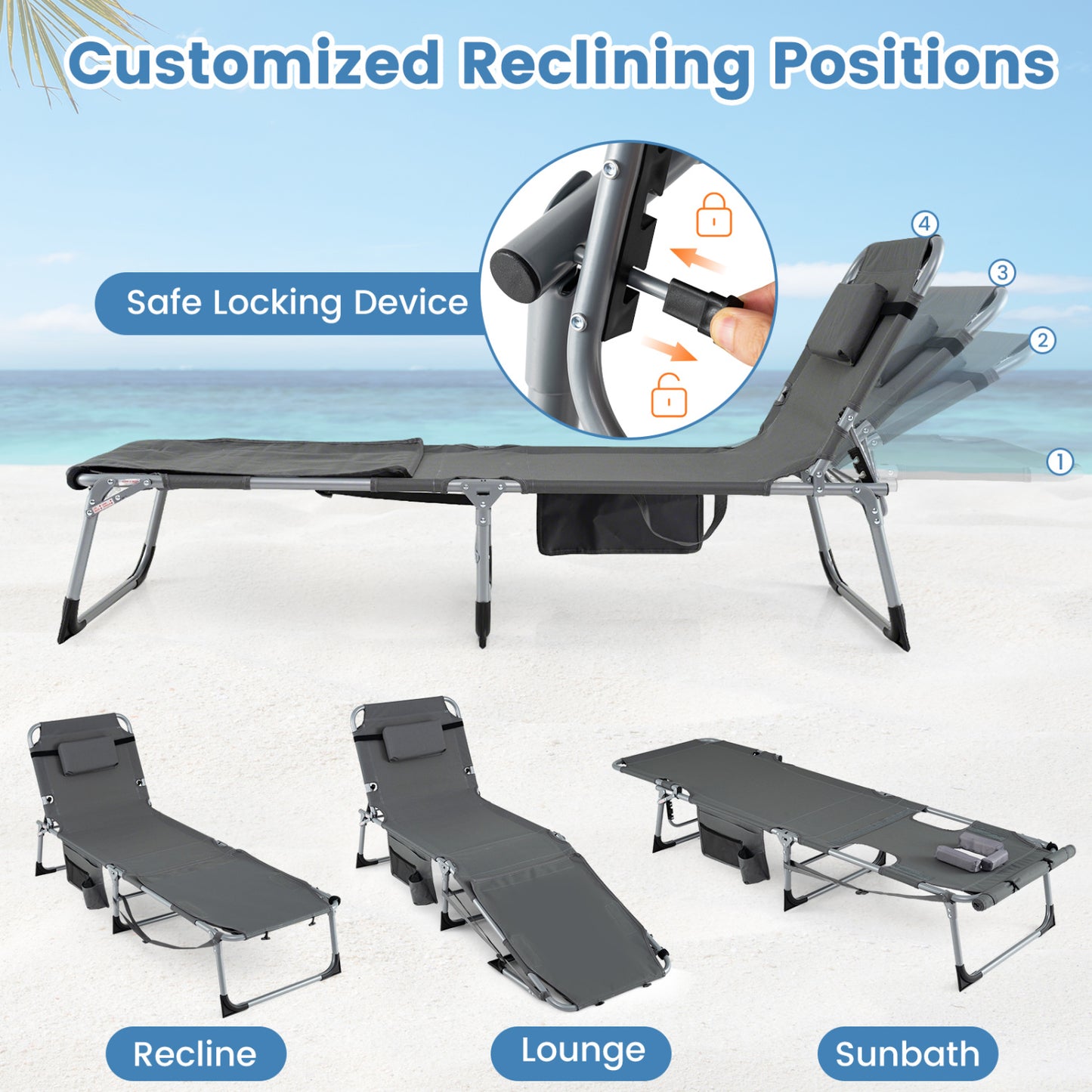 Tanning Lounge Chairs Set of 2 with Face Hole & 4-Level Backrest
