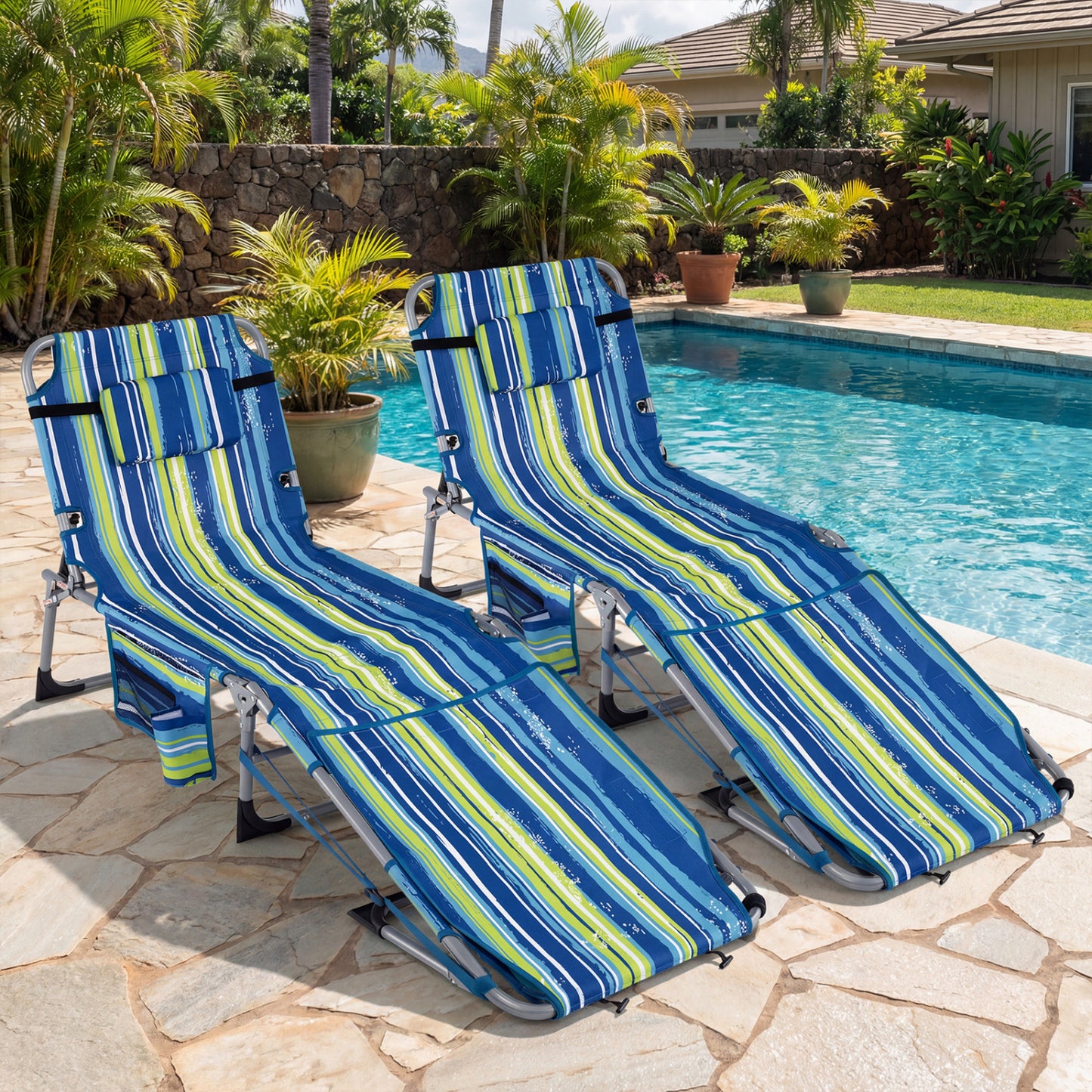 Tanning Lounge Chairs Set of 2 with Face Hole & 4-Level Backrest