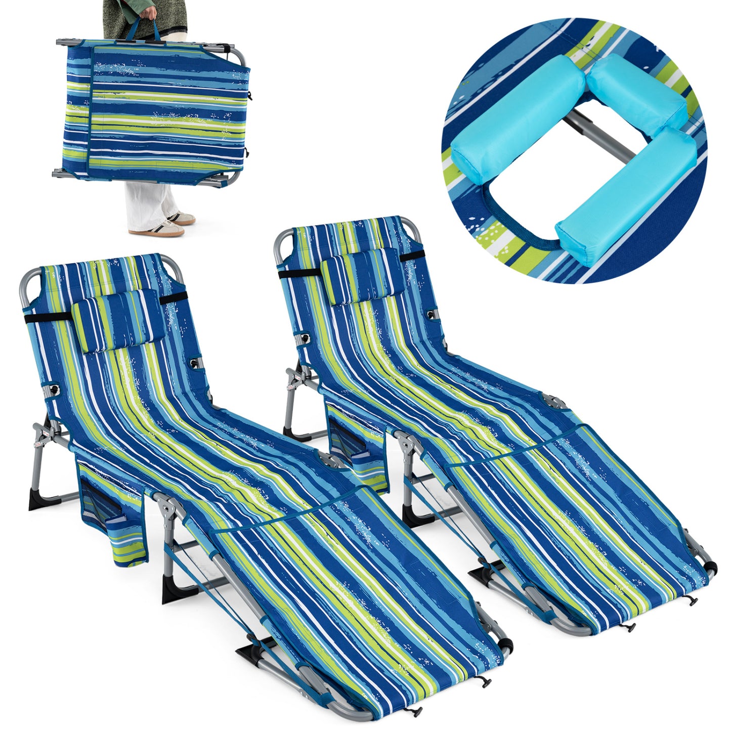 Tanning Lounge Chairs Set of 2 with Face Hole & 4-Level Backrest