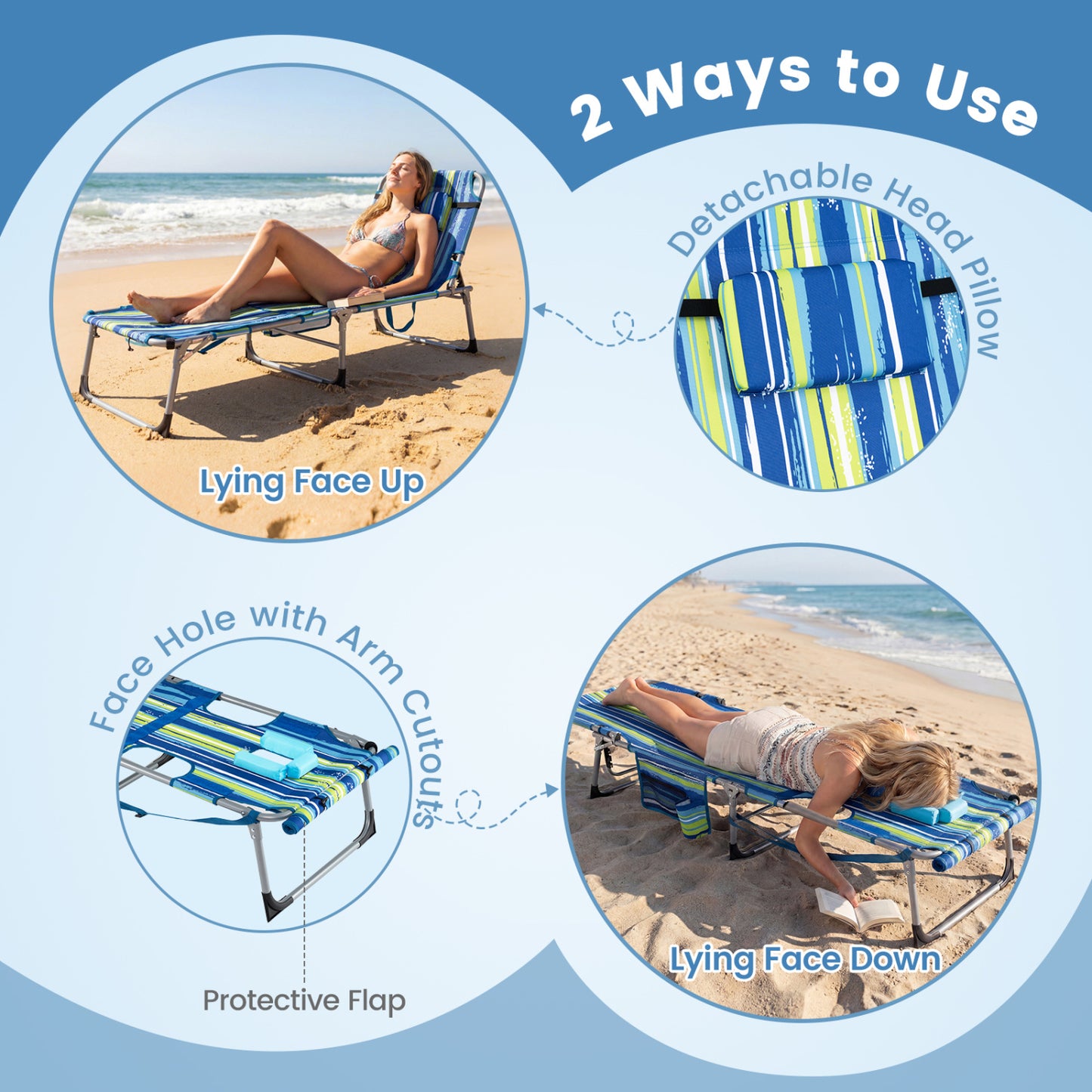 Tanning Lounge Chairs Set of 2 with Face Hole & 4-Level Backrest