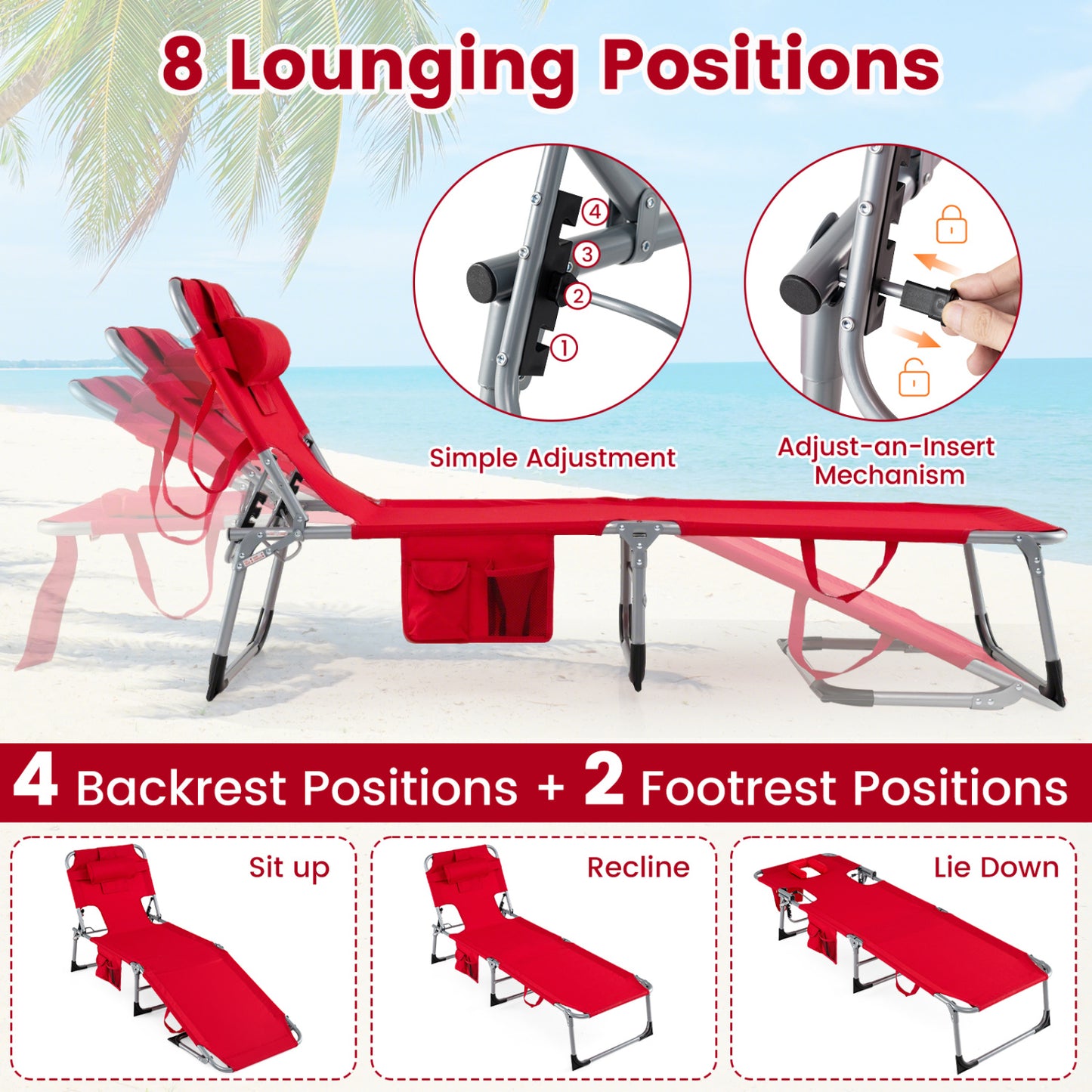 Adjustable Tanning Lounge Chair Set of 2 with Face Hole