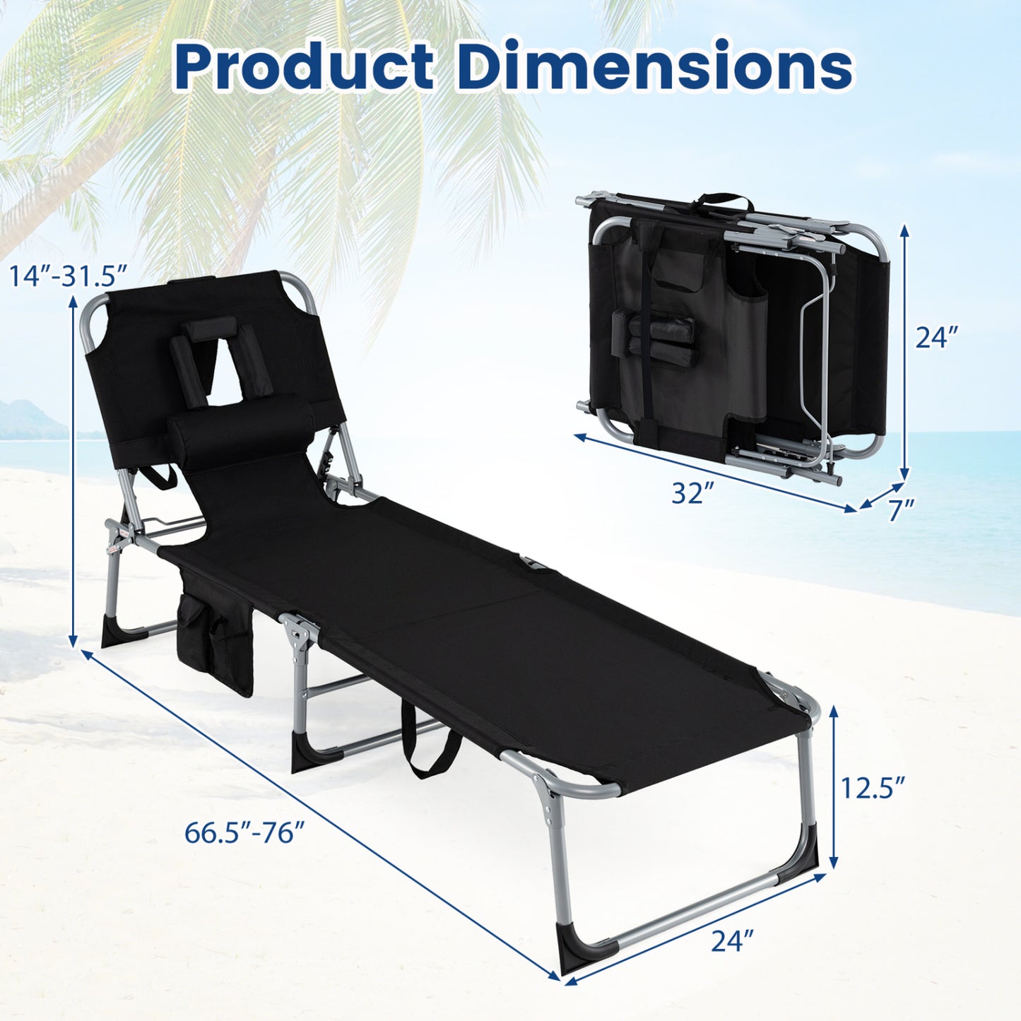 Adjustable Tanning Lounge Chair Set of 2 with Face Hole