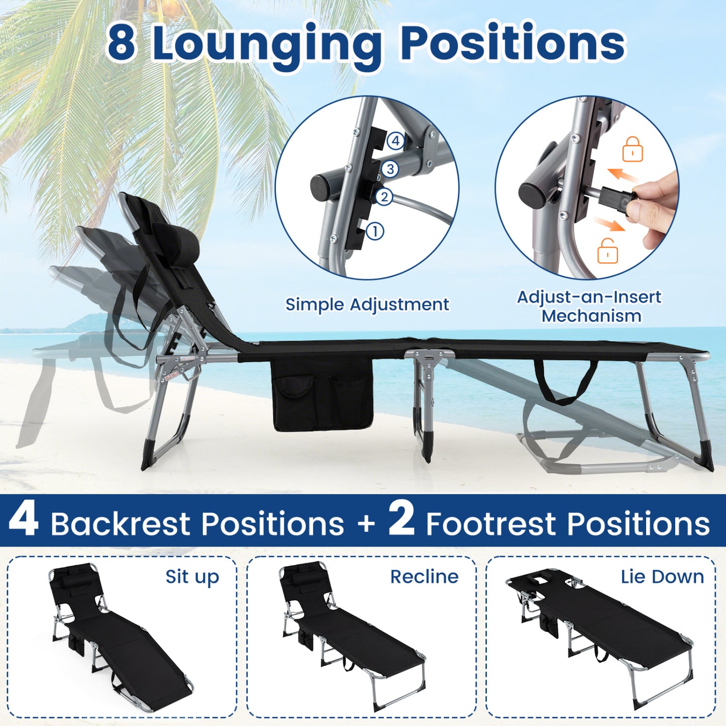 Adjustable Tanning Lounge Chair Set of 2 with Face Hole