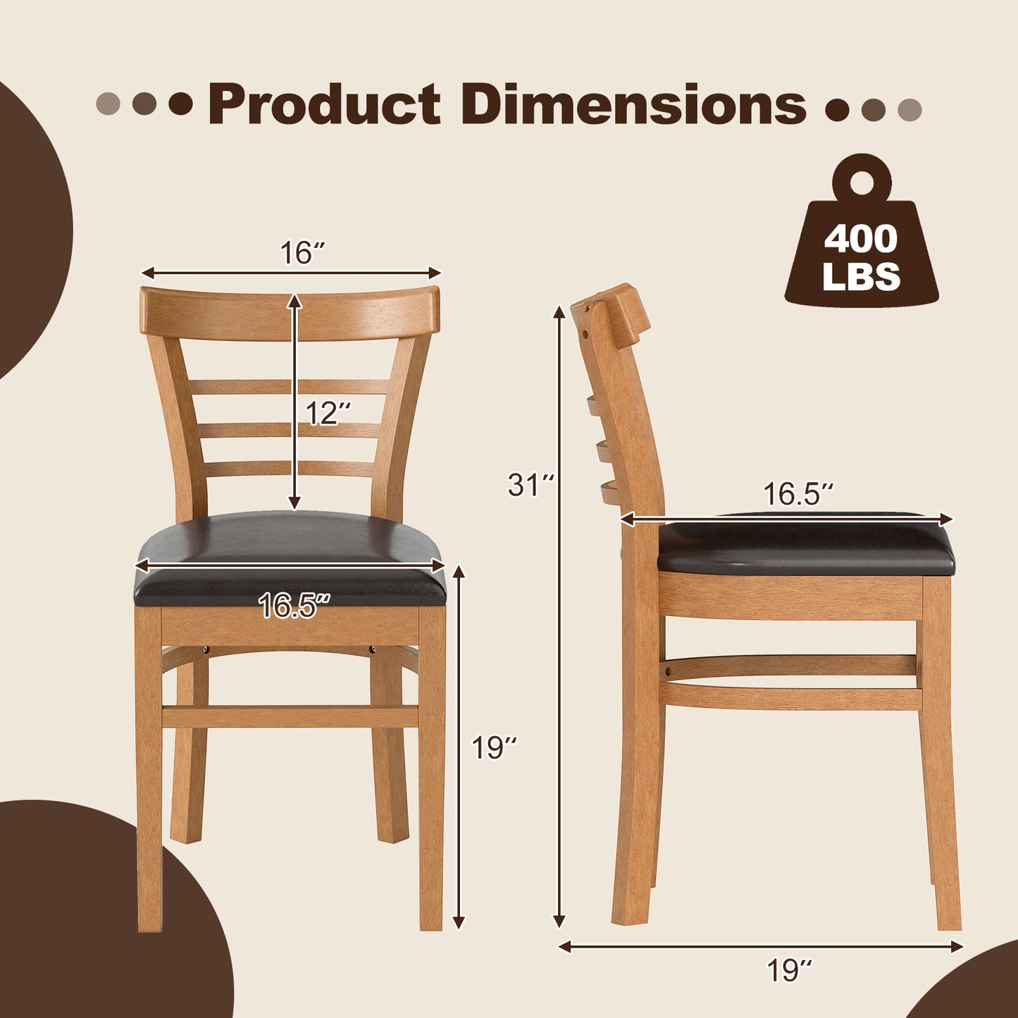 Wooden Dining Chairs Set of 2 with Rubber Wood Legs