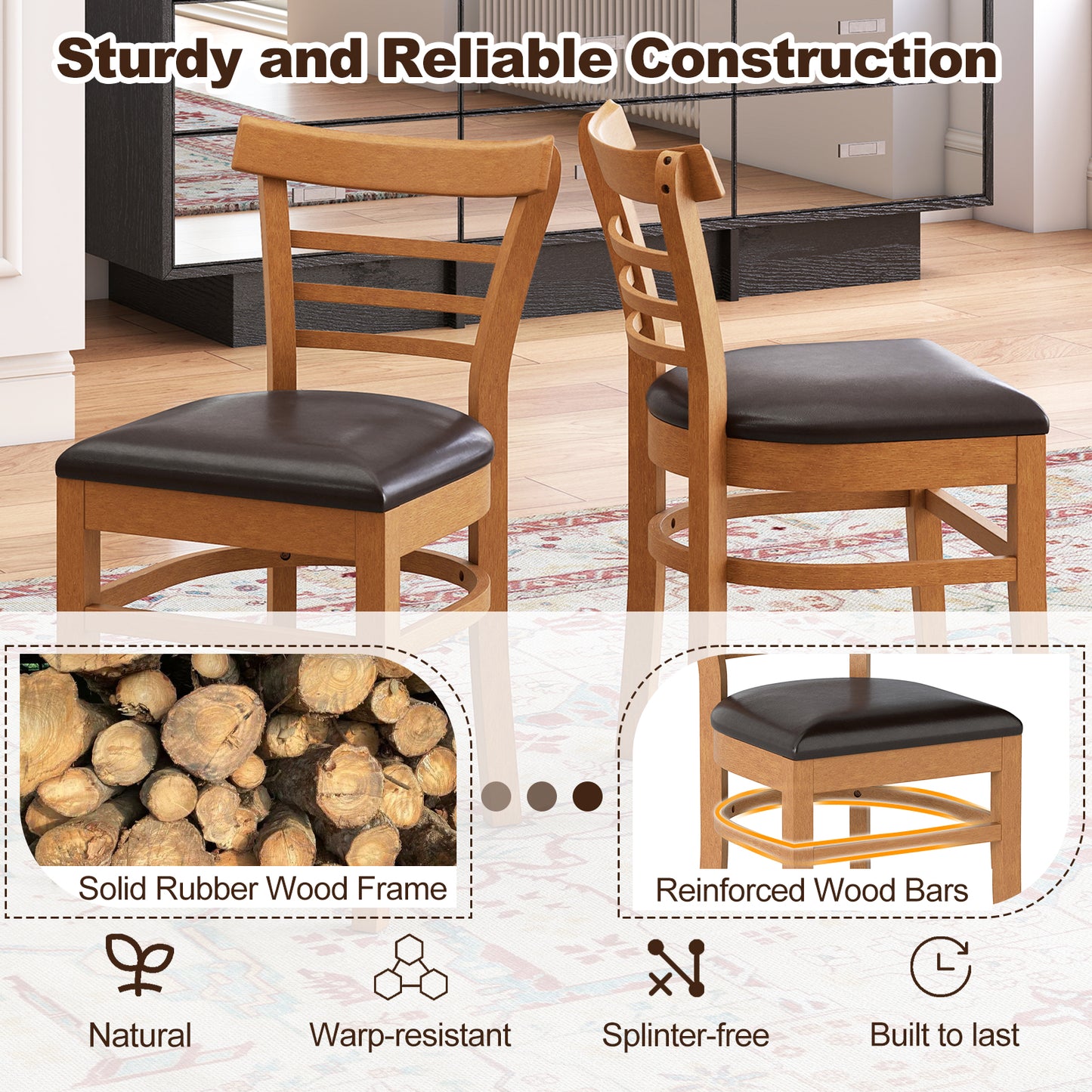 Wooden Dining Chairs Set of 2 with Rubber Wood Legs