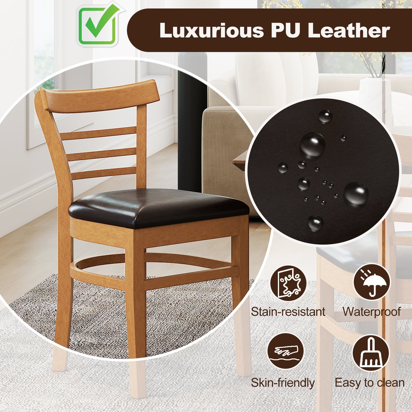 Wooden Dining Chairs Set of 2 with Rubber Wood Legs