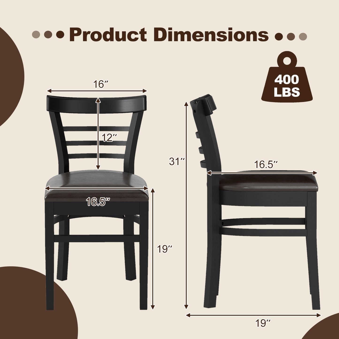 Wooden Dining Chairs Set of 2 with Rubber Wood Legs