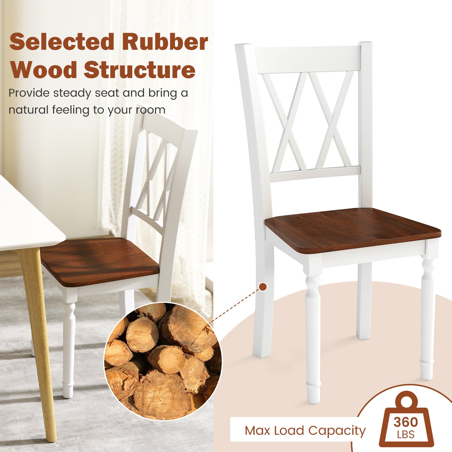 Wooden Farmhouse Dining Chairs Set of 4 with Rubber Wood Seat