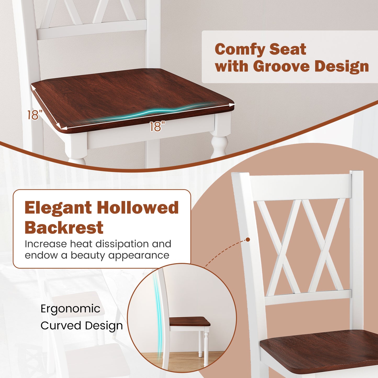 Wooden Farmhouse Dining Chairs Set of 4 with Rubber Wood Seat