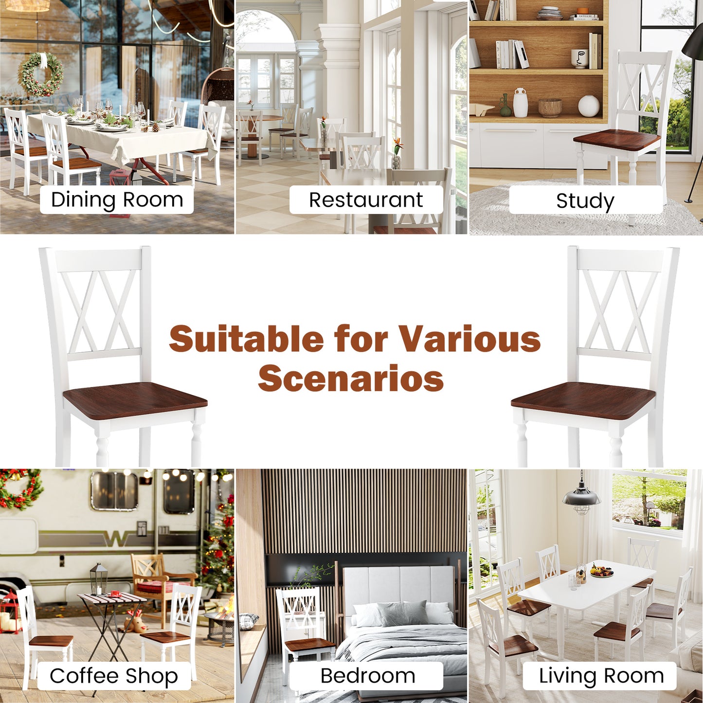 Wooden Farmhouse Dining Chairs Set of 4 with Rubber Wood Seat