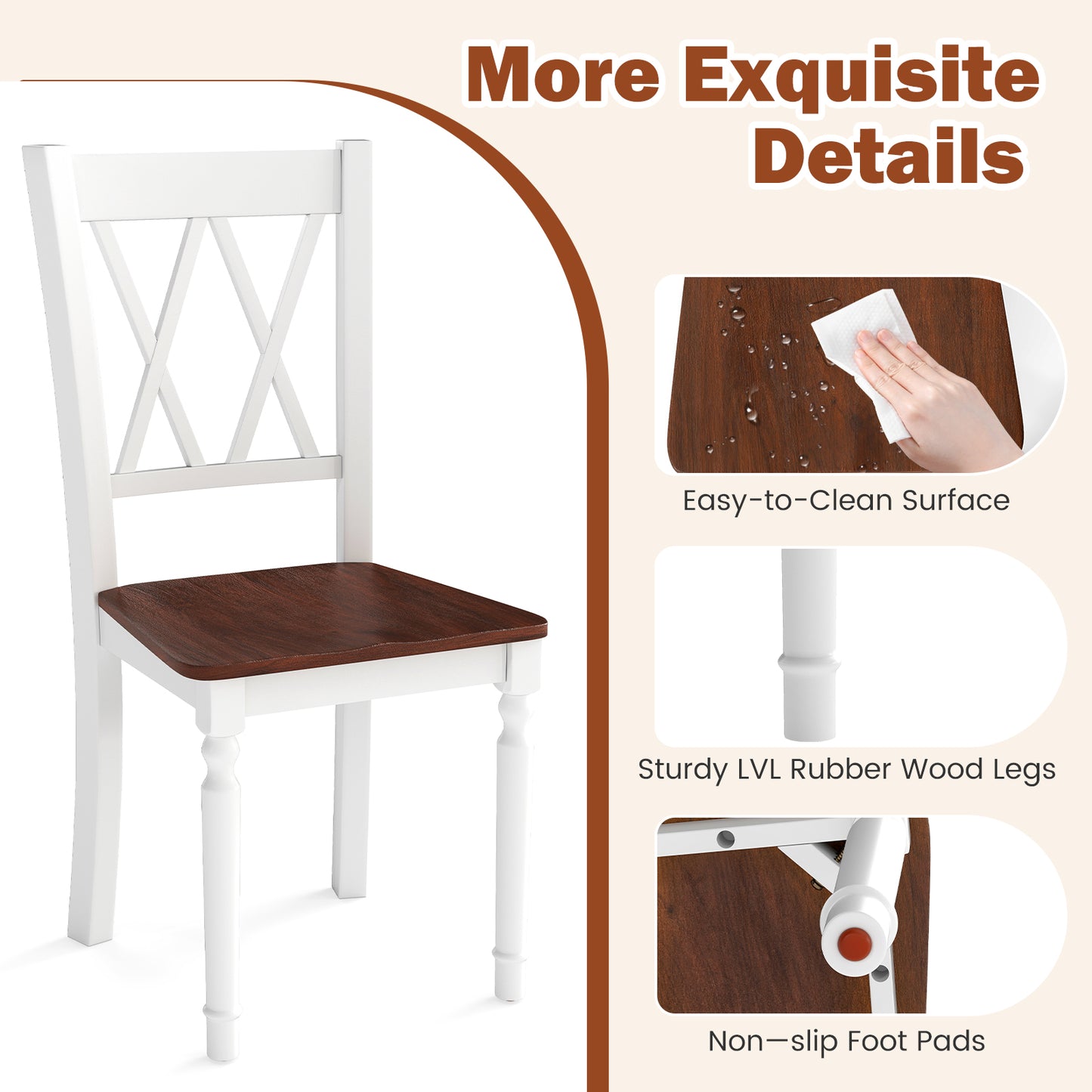 Wooden Farmhouse Dining Chairs Set of 4 with Rubber Wood Seat