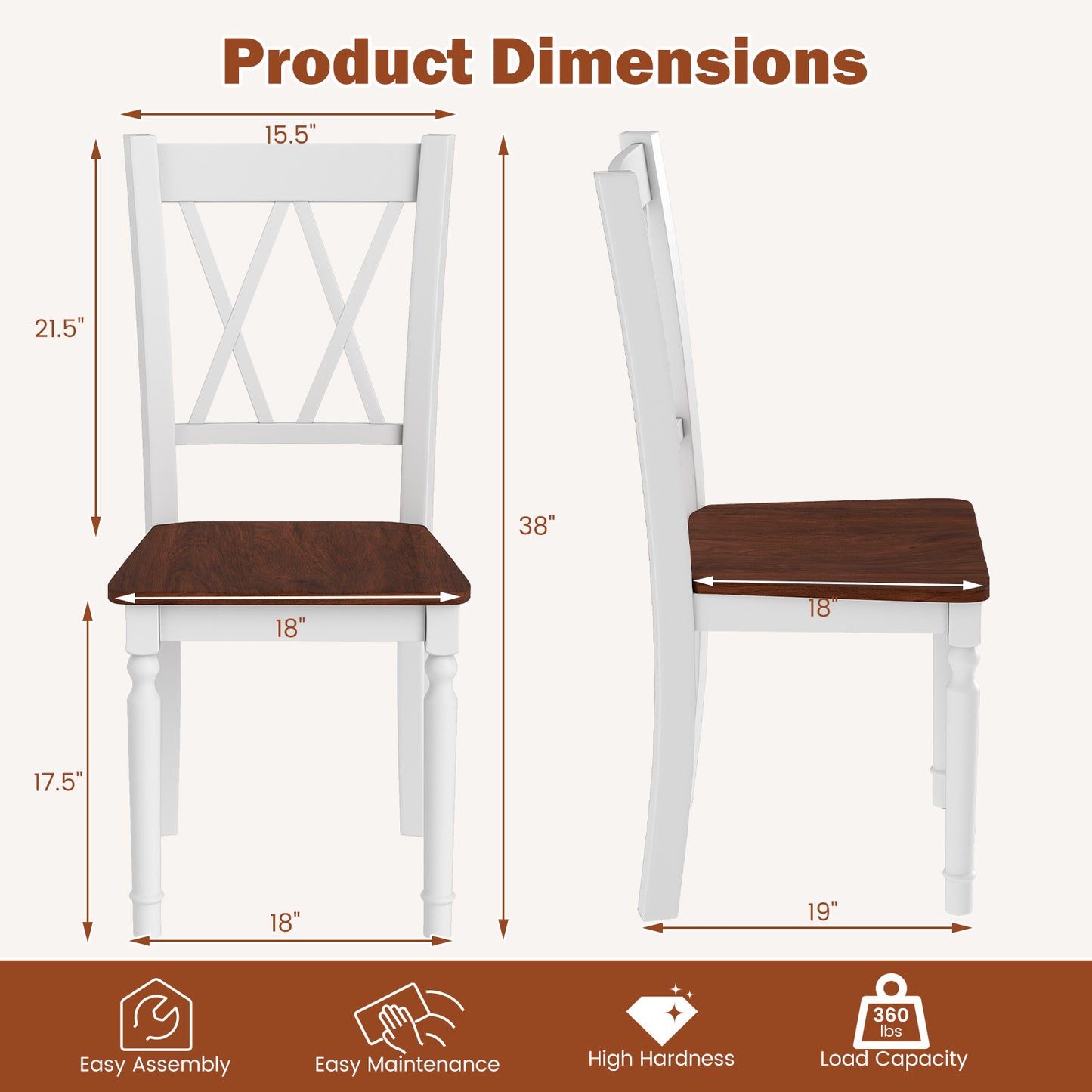 Wooden Farmhouse Dining Chairs Set of 4 with Rubber Wood Seat