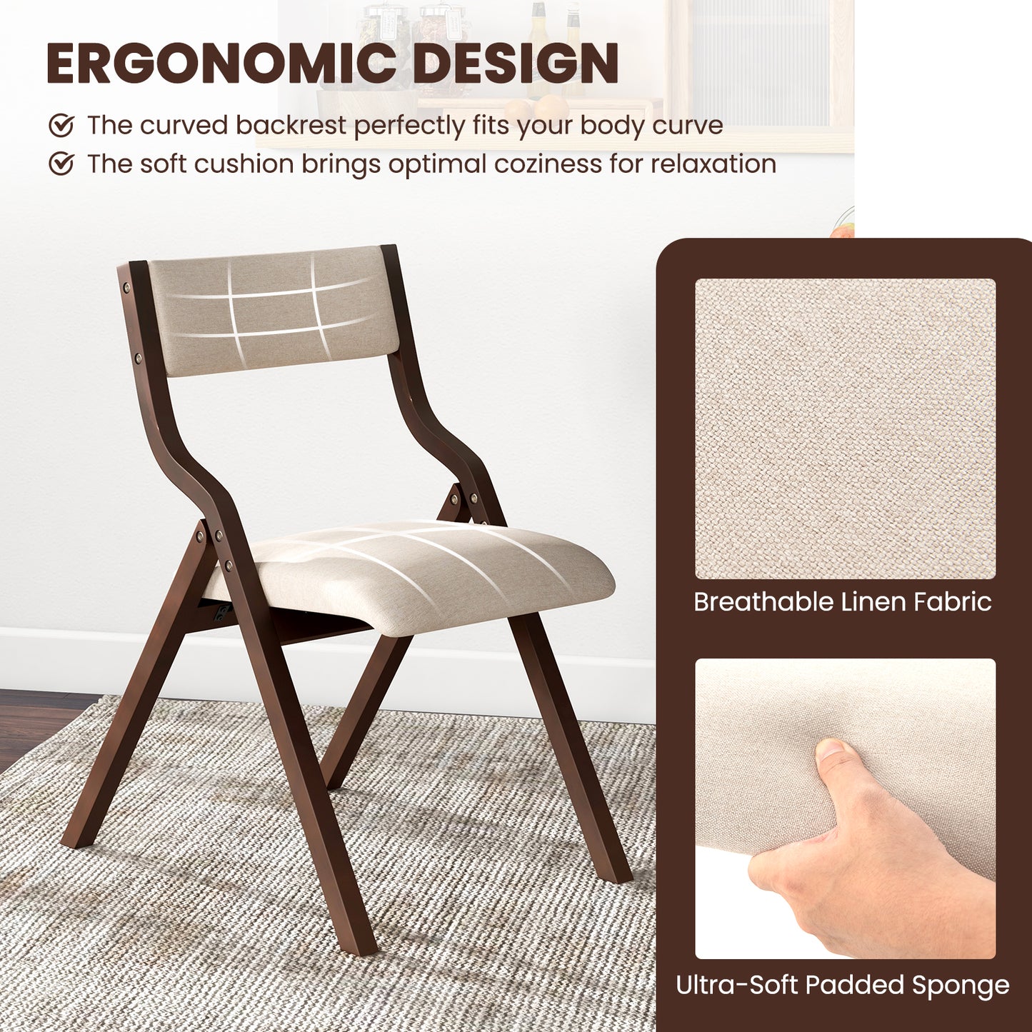 Folding Dining Chairs Set of 2 with Padded Linen Seats