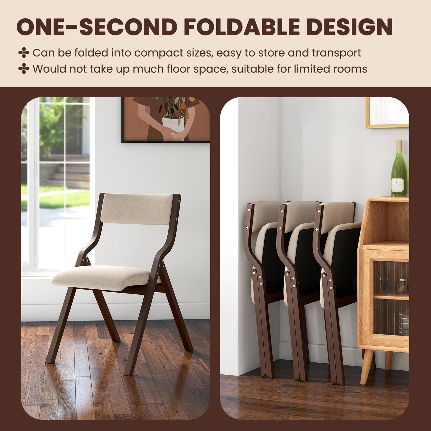 Folding Dining Chairs Set of 2 with Padded Linen Seats